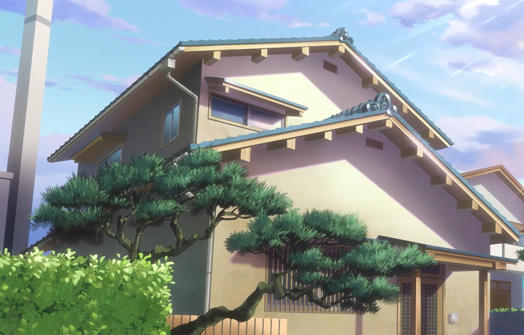 Anime house with pine tree and bushes HD Wallpaper