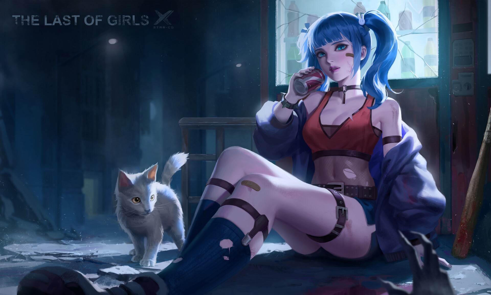 Anime girl with blue pigtails and a cat HD Wallpaper