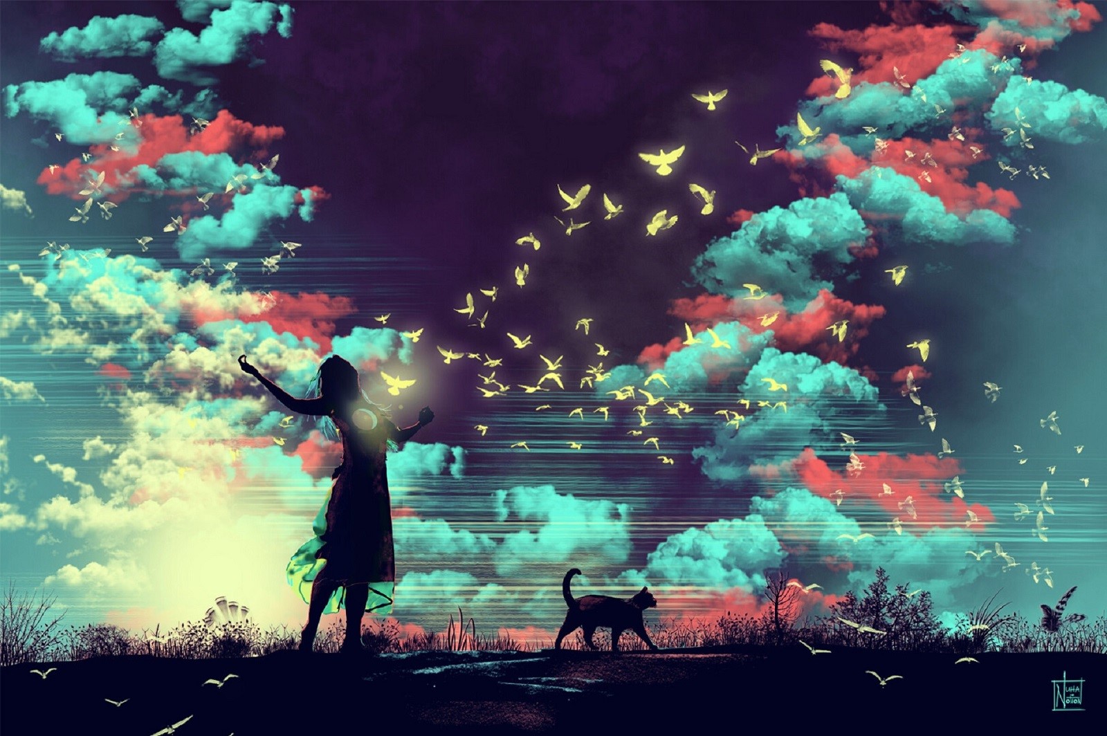 Girl releasing birds with cat in surreal sky HD Wallpaper