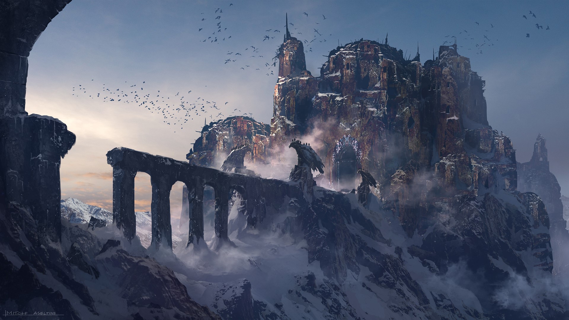 Snowy mountain castle ruins with birds and eagles HD Wallpaper