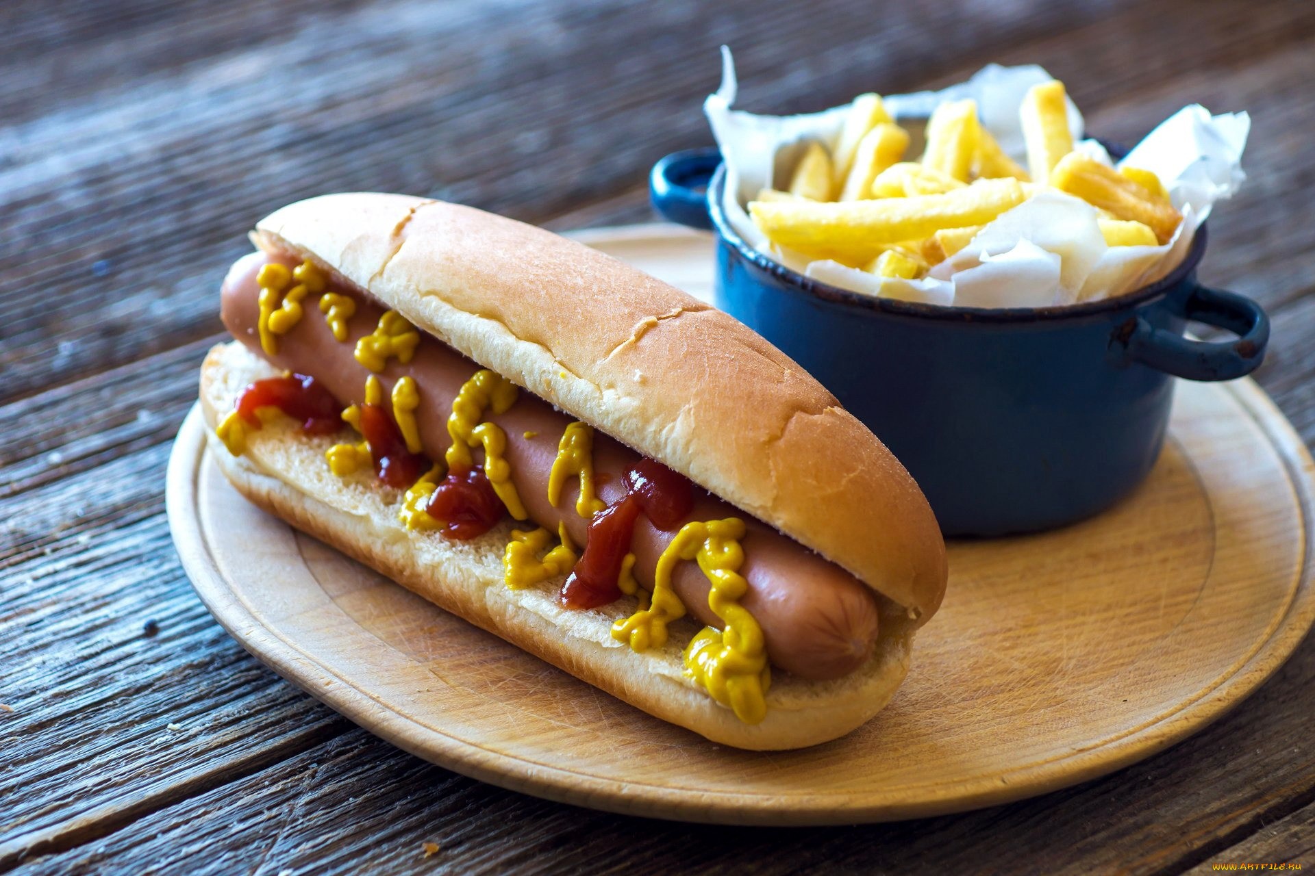 Hot dog with mustard and ketchup and french fries HD Wallpaper