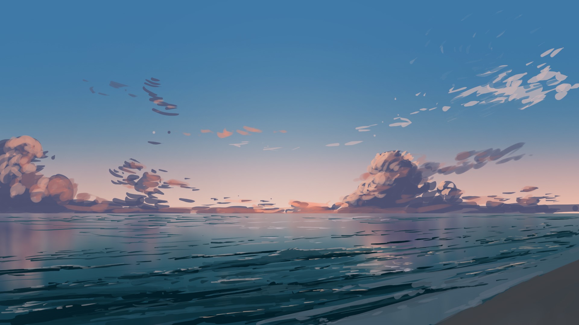 Artwork of a serene seascape at sunset with clouds HD Wallpaper