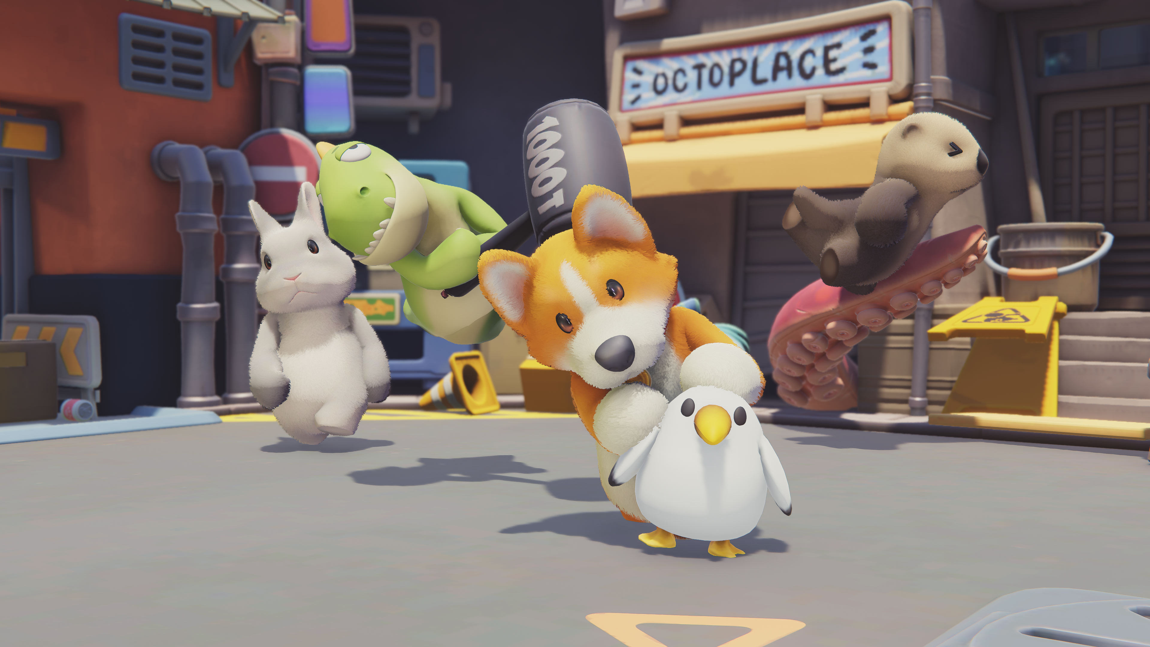 Party Animals Corgi with friends in city HD Wallpaper