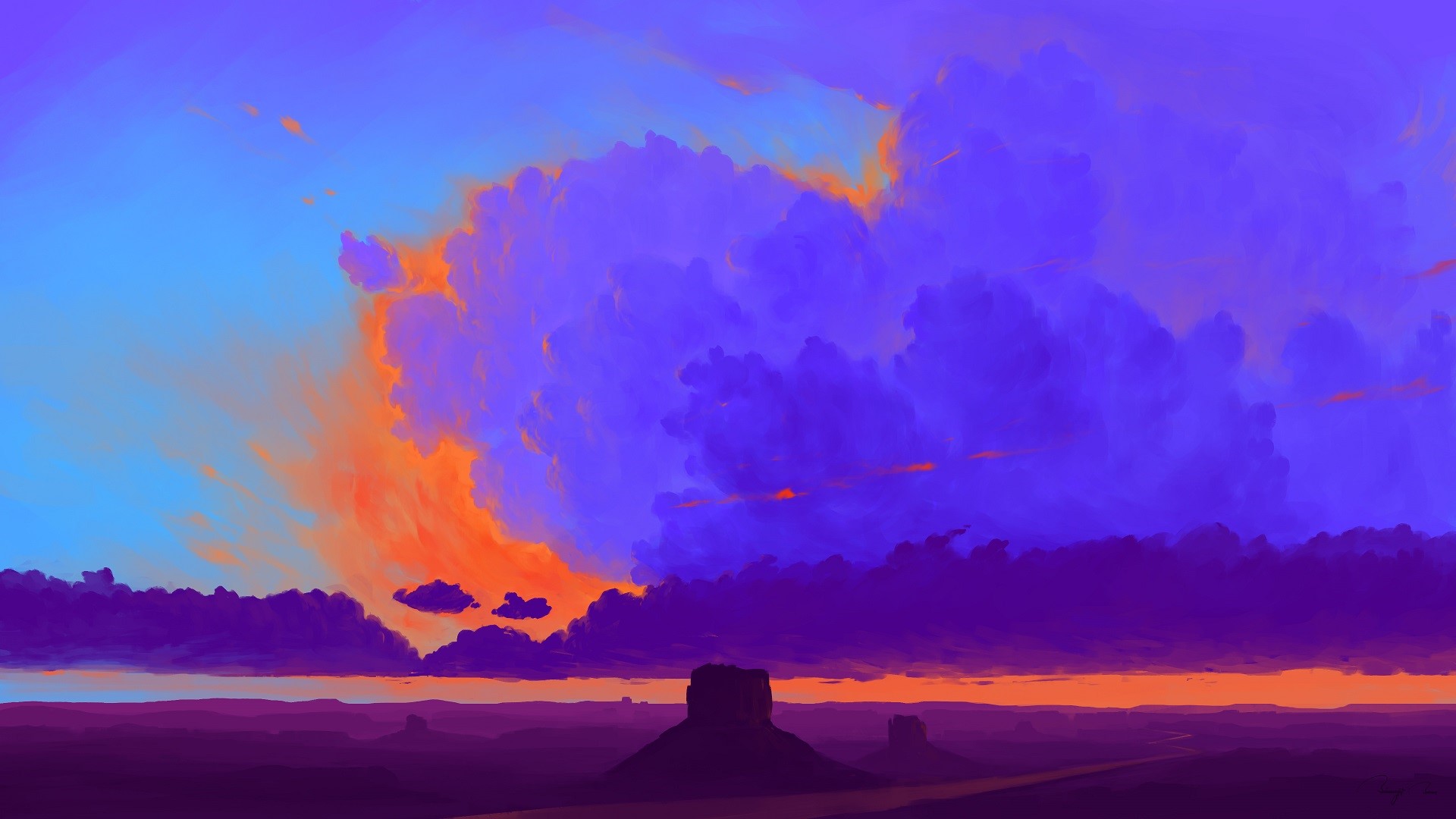 Digital art landscape of a sunset with clouds HD Wallpaper