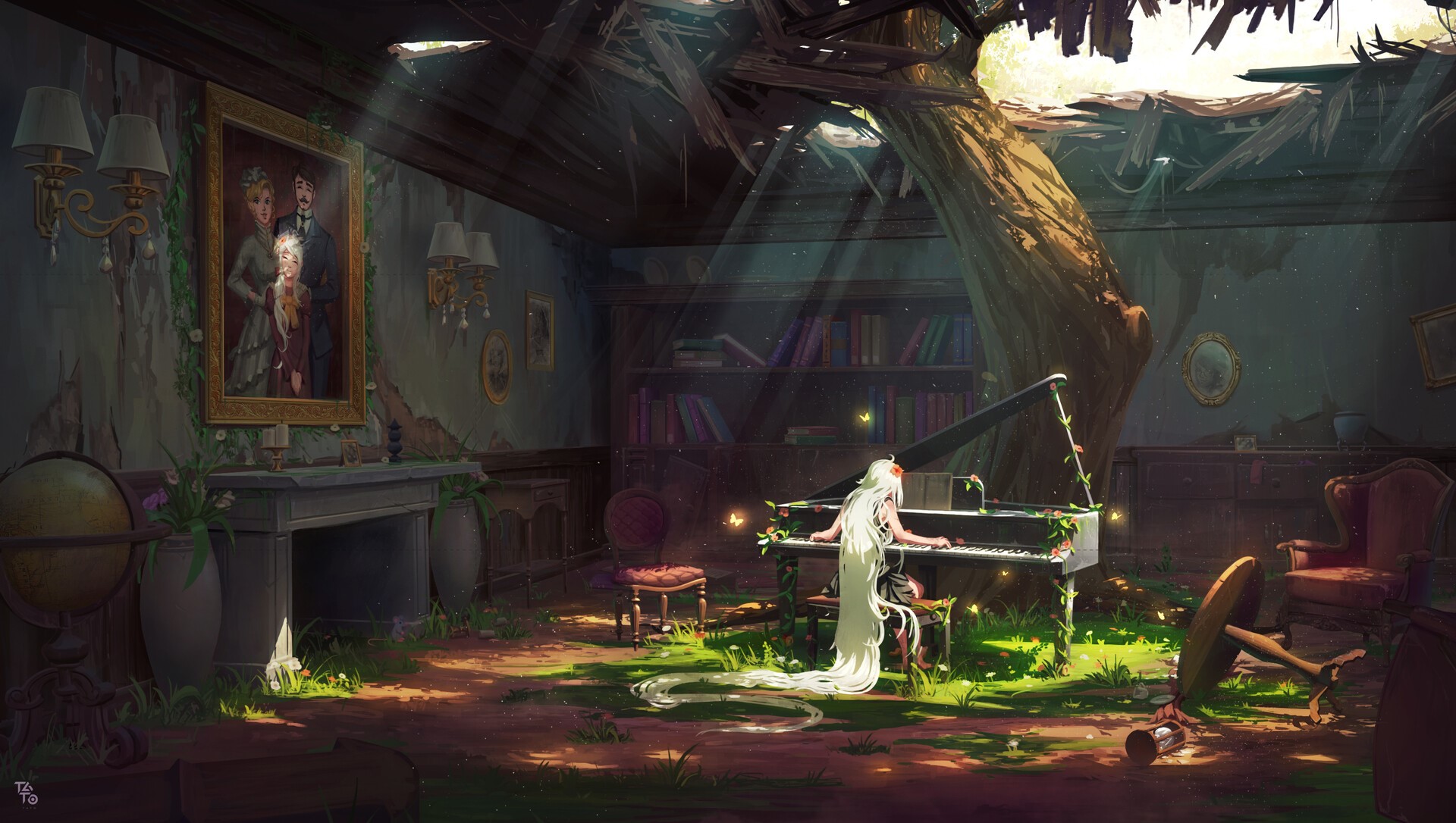 Girl playing piano in a ruined mansion with a tree growing through it HD Wallpaper