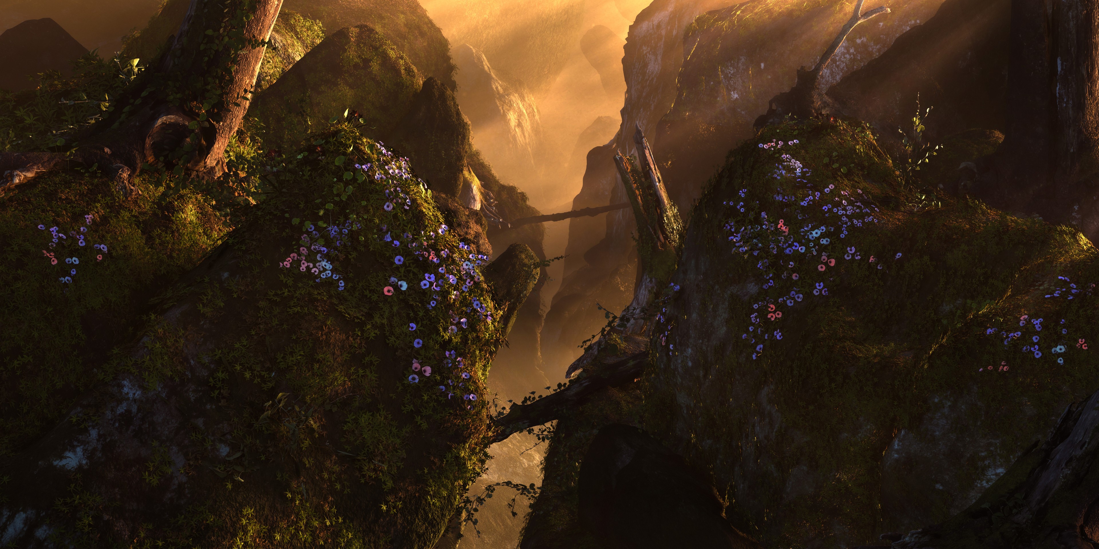 4K digital art of a mountain canyon with flowers HD Wallpaper