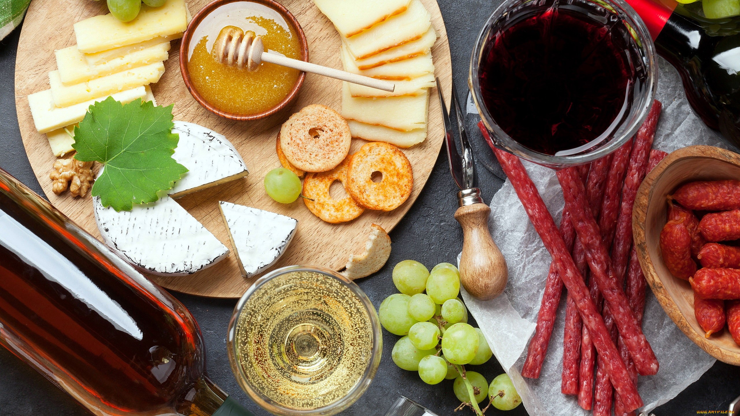 Cheese and charcuterie board with wine and honey HD Wallpaper