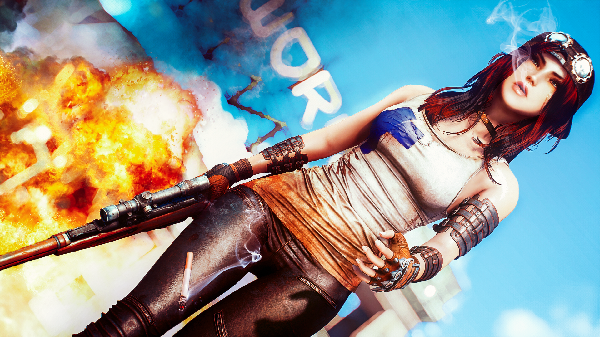 Woman with sniper rifle and explosion in Fallout 4 HD Wallpaper