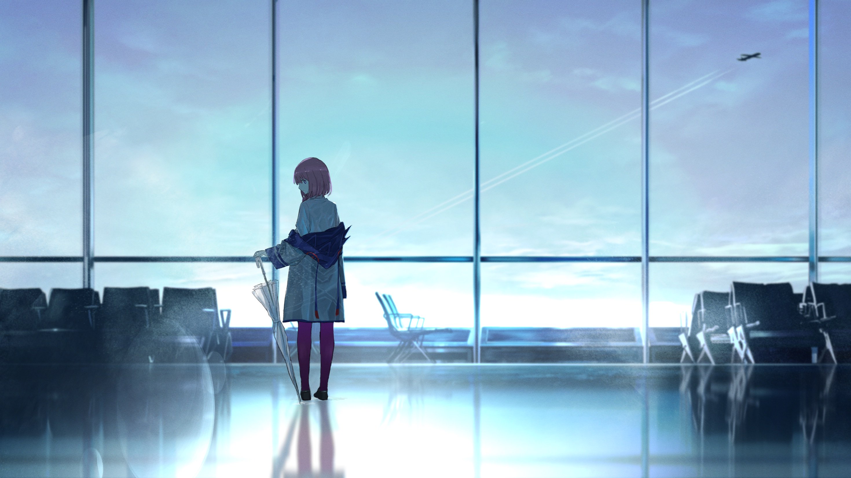 Kaf standing in an airport with an umbrella HD Wallpaper