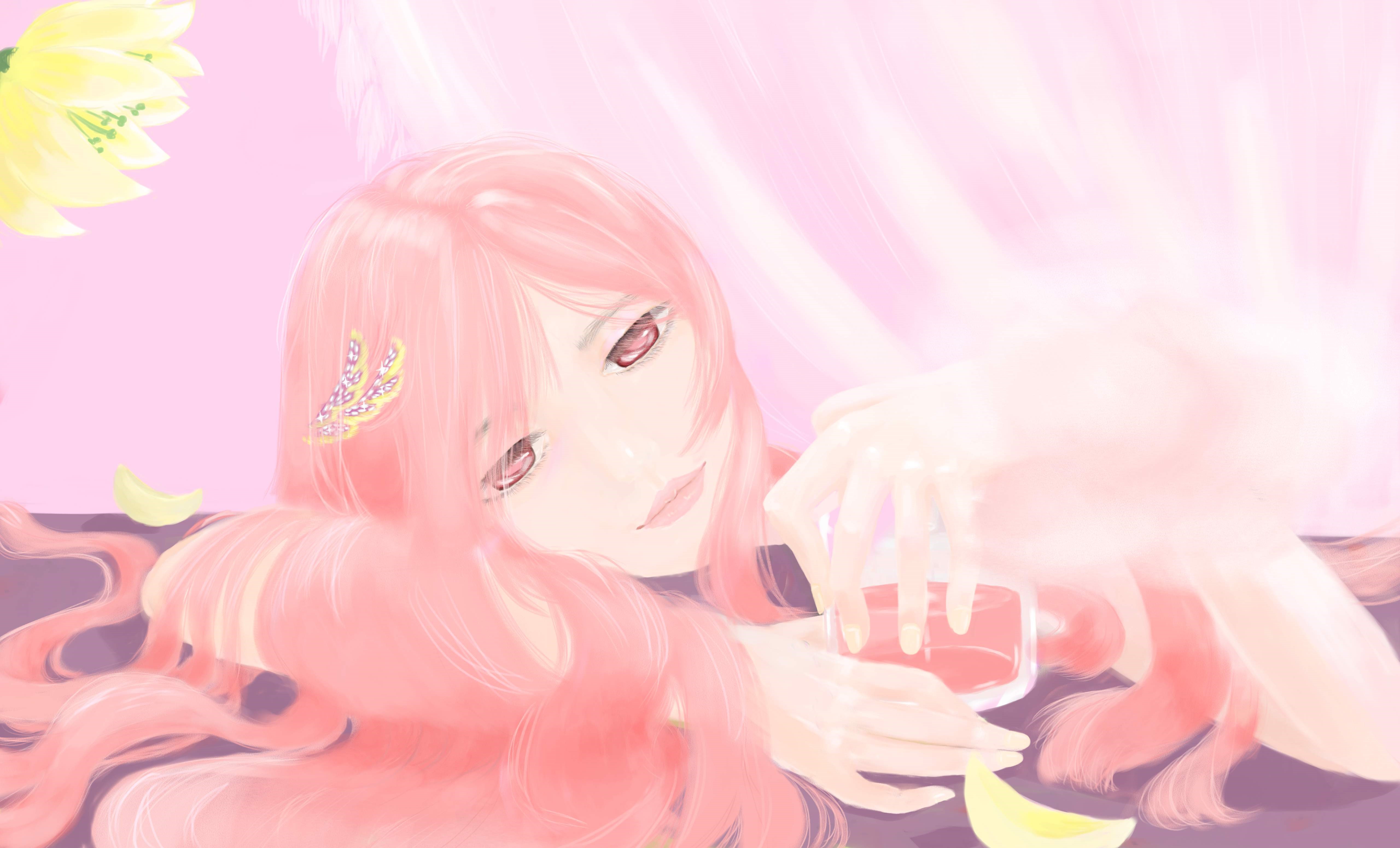 Artwork of a woman with pink hair holding a drink HD Wallpaper