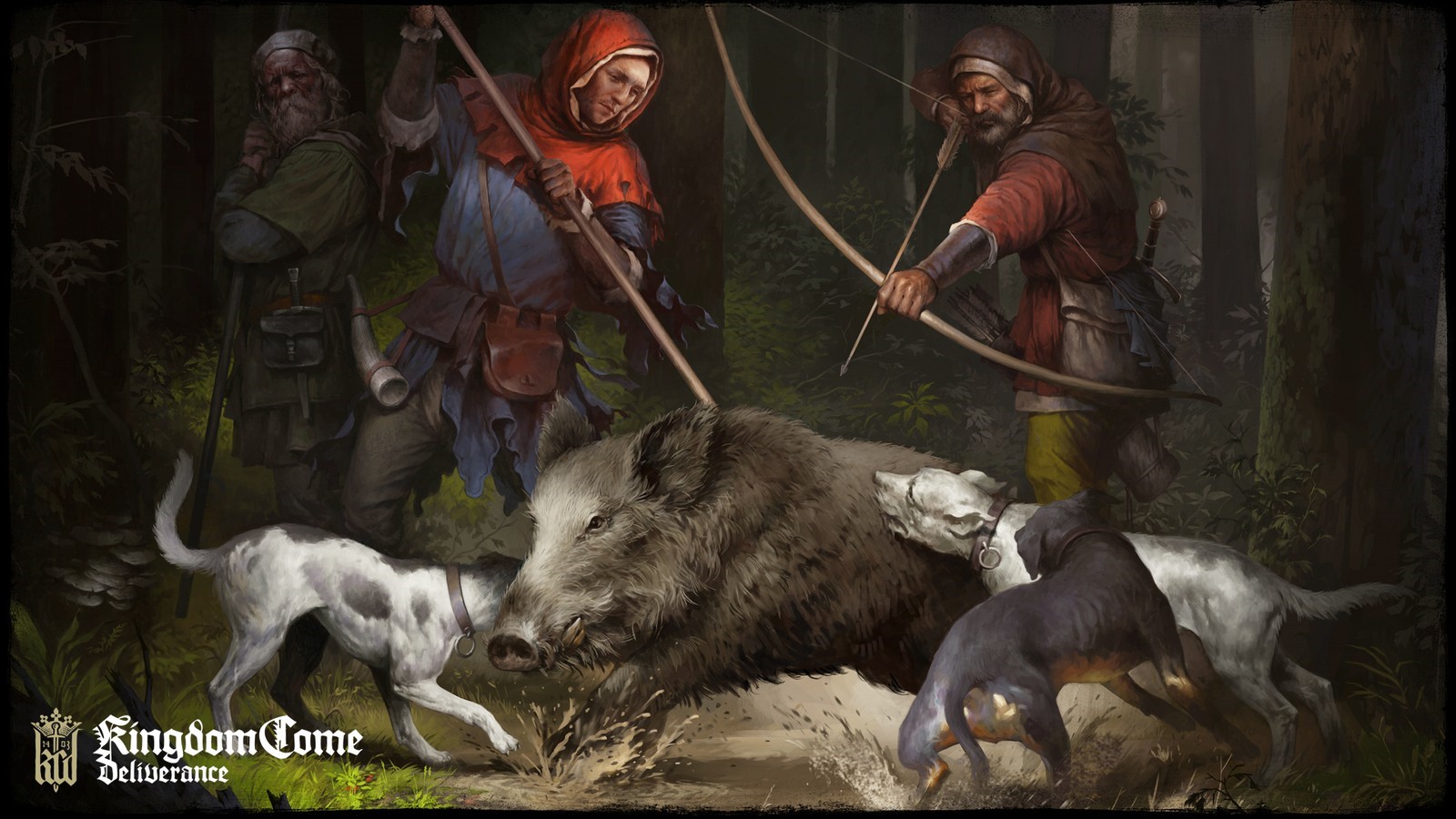 Hunters and dogs pursue a wild boar in a forest HD Wallpaper