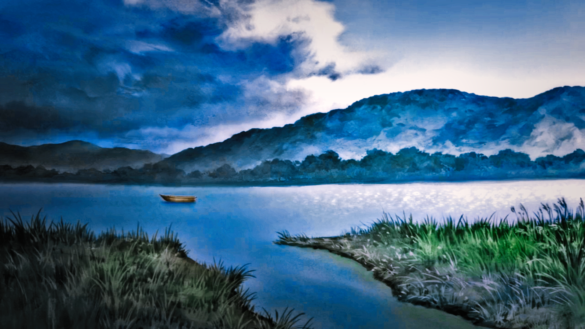 Boat on a lake with mountains and grass HD Wallpaper