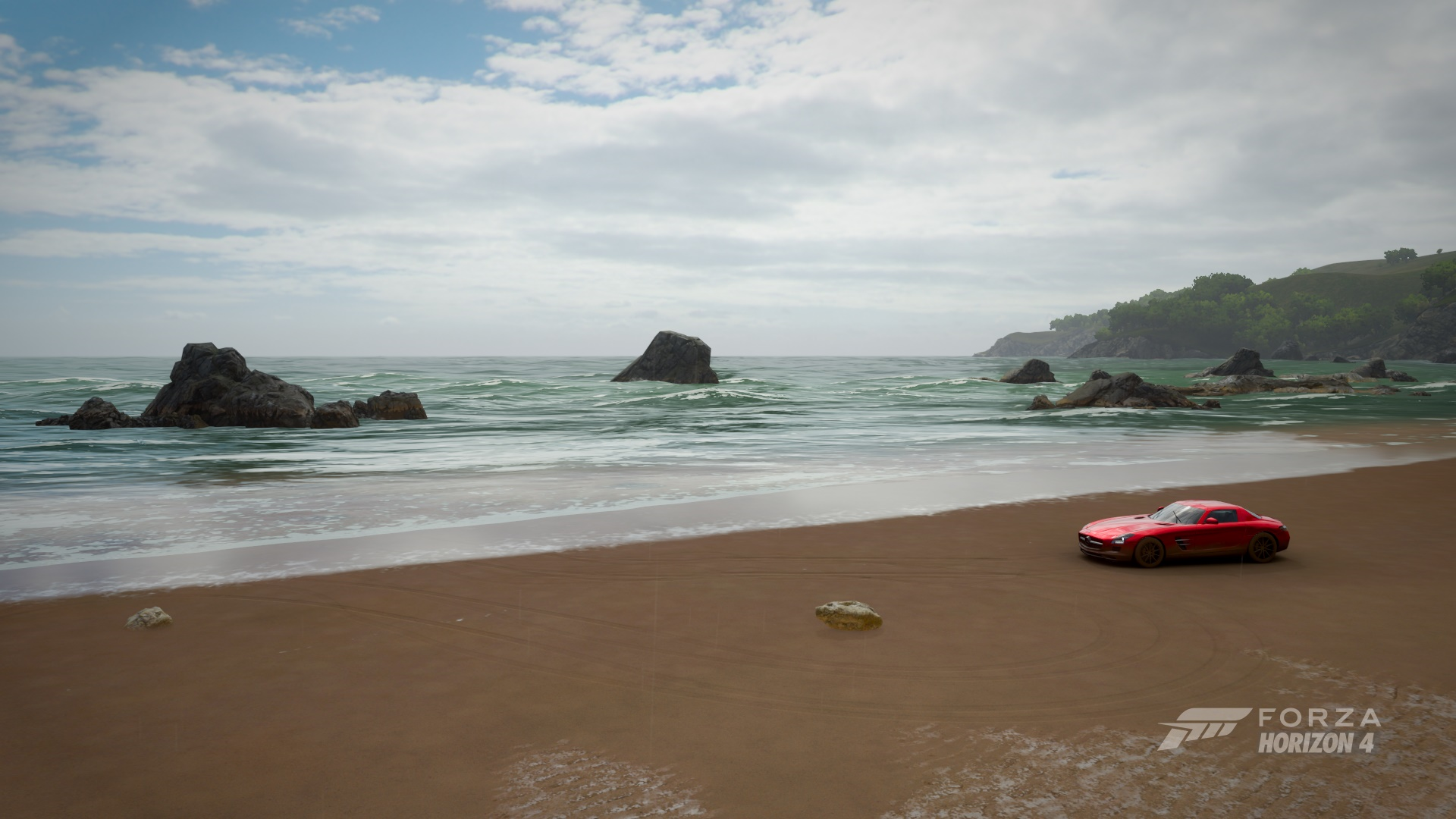 Red car on a beach in Forza Horizon 4 HD Wallpaper