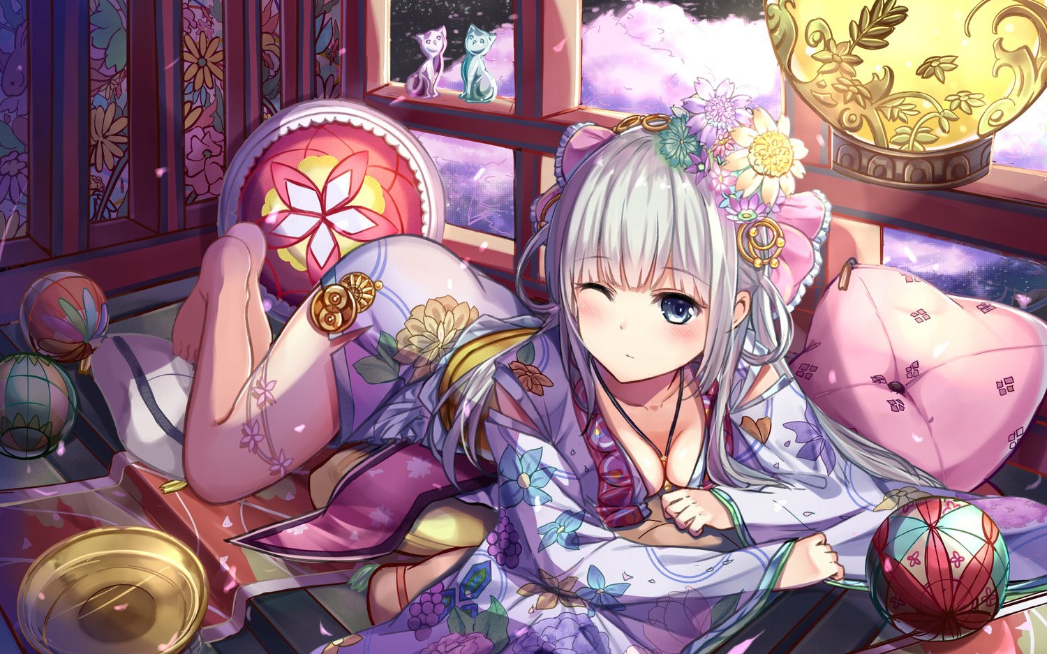 Anime girl in kimono lying down HD Wallpaper