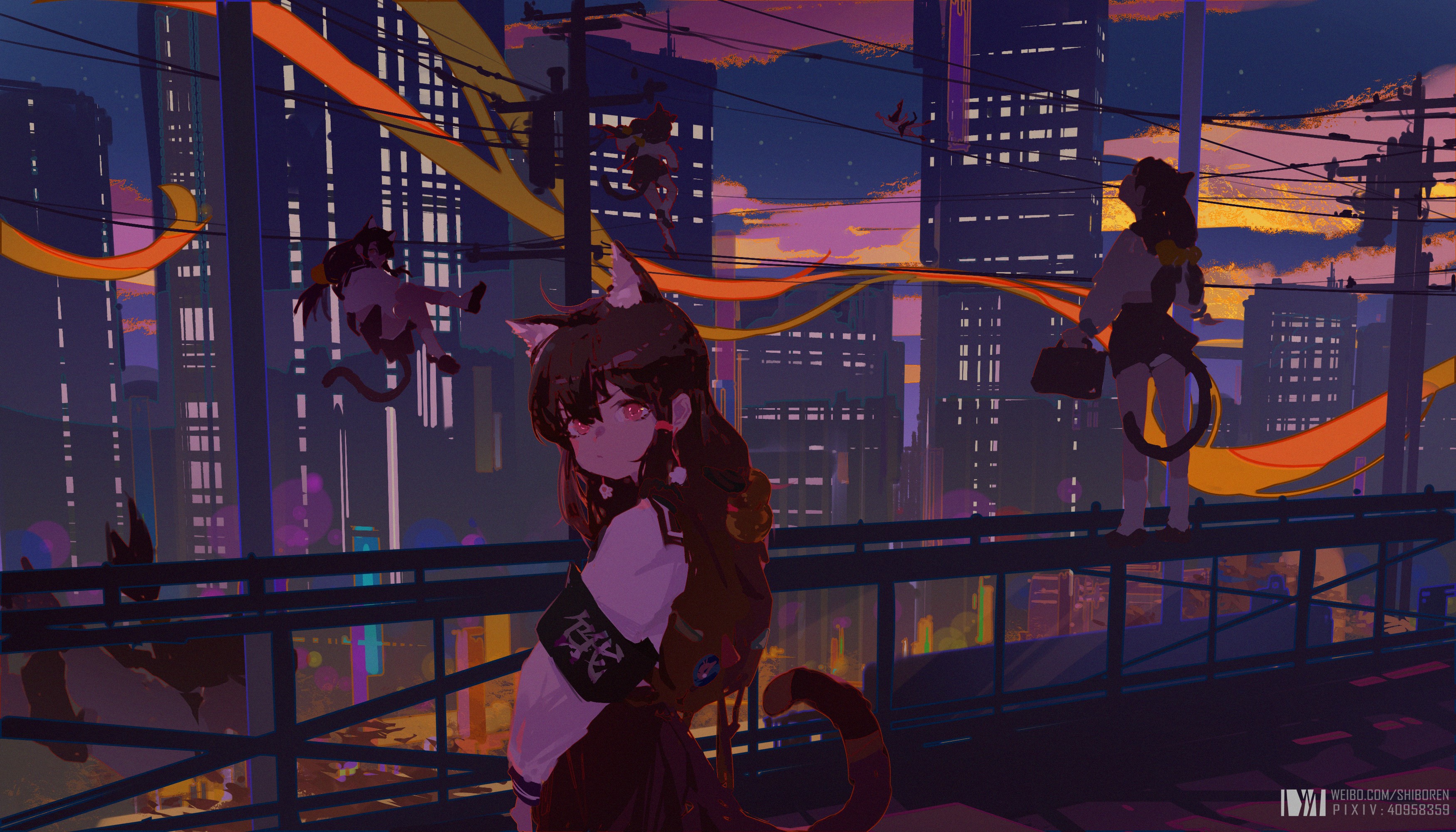 Anime cat girls in a futuristic cityscape at night HD Wallpaper