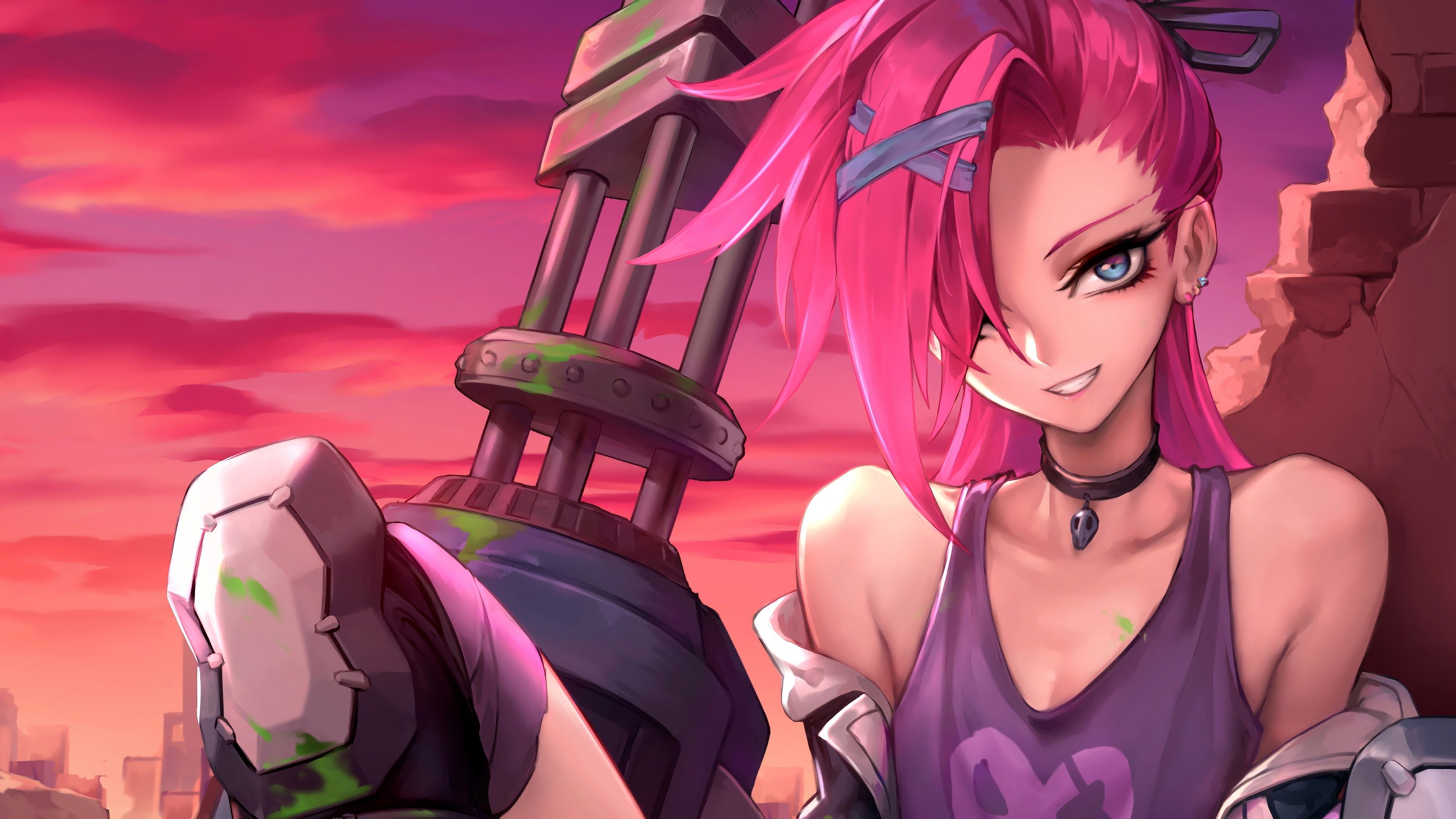 Jinx from League of Legends with a large weapon HD Wallpaper