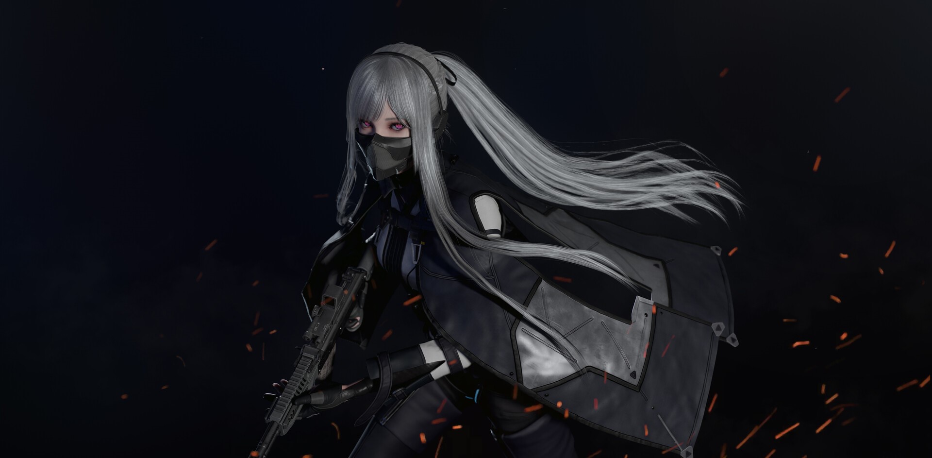 Anime girl with gray hair and weapon HD Wallpaper