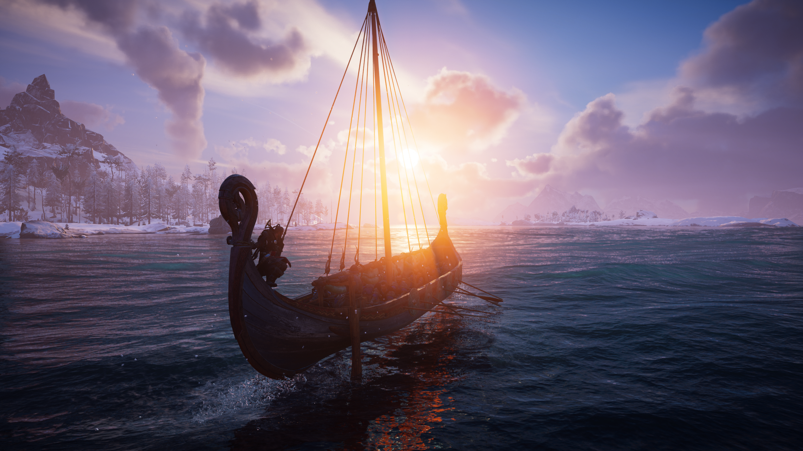 Eivor on a Viking longship at sunrise HD Wallpaper