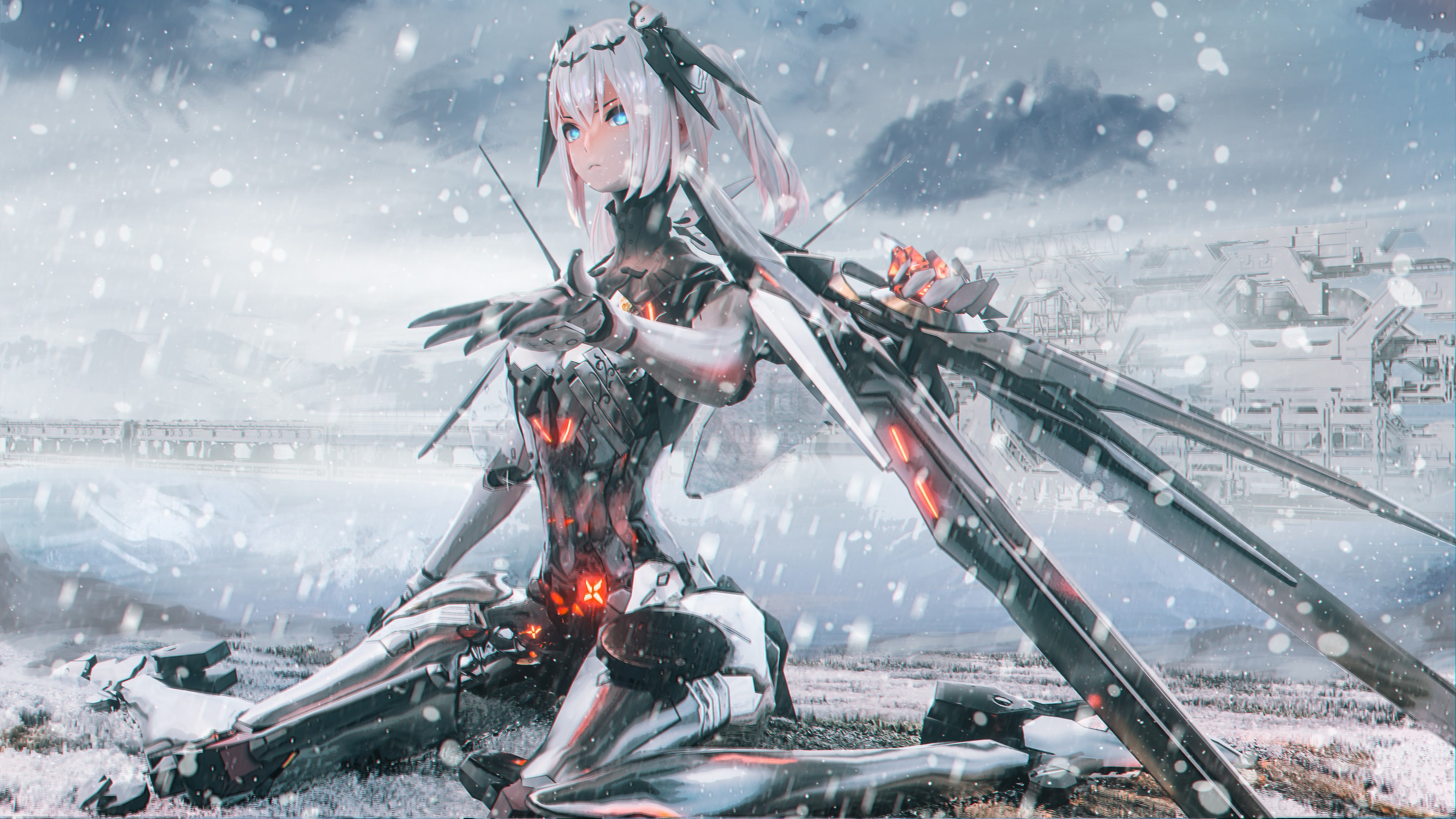 Cyborg girl with wings in a snowy landscape HD Wallpaper