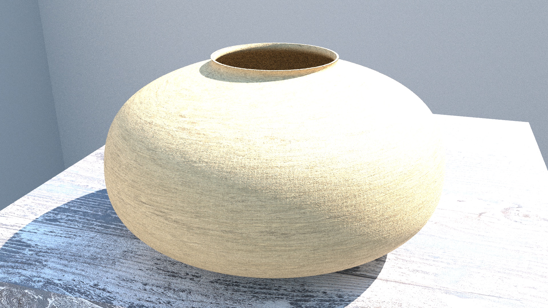 3D render of a textured ceramic vase on a wooden surface HD Wallpaper