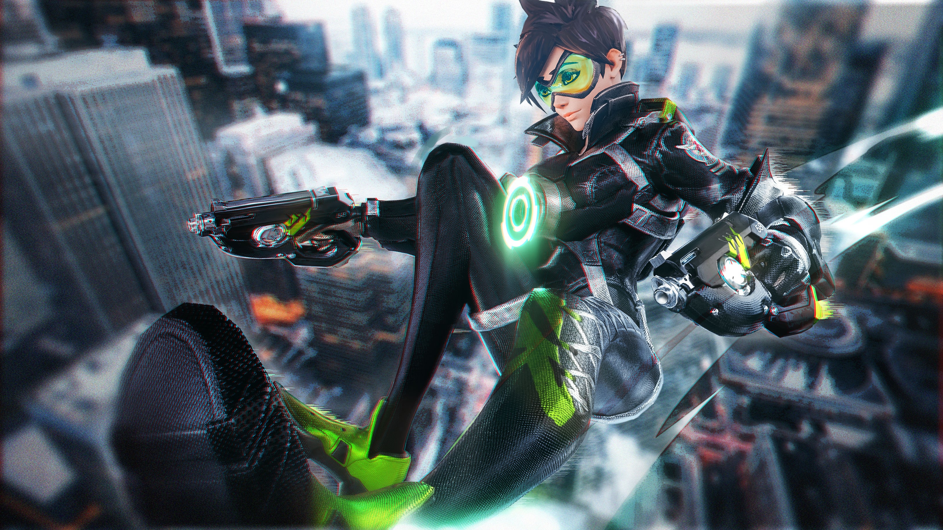 Tracer from Overwatch in a city HD Wallpaper