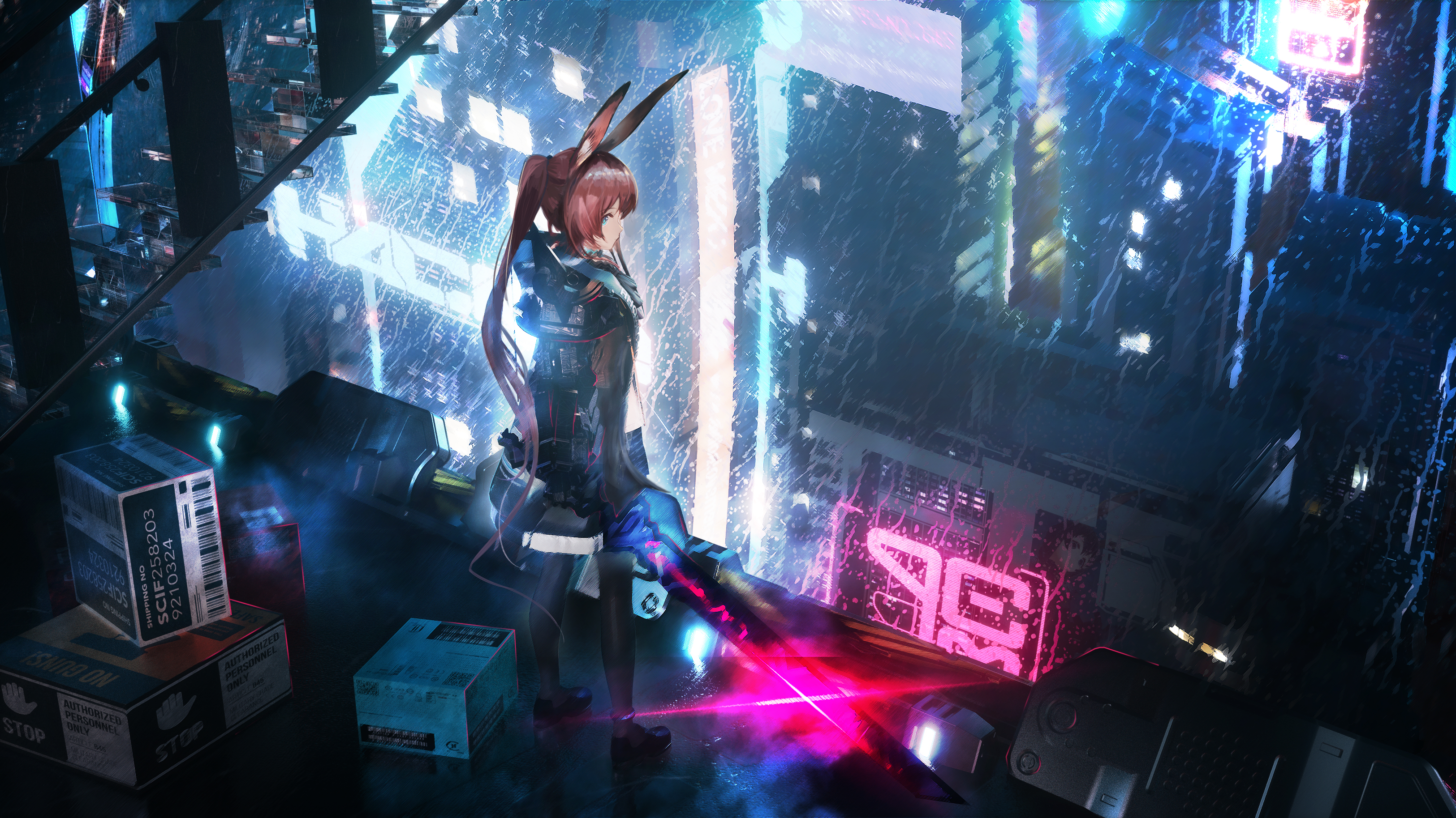 Amiya from Arknights in a rainy cyberpunk city HD Wallpaper