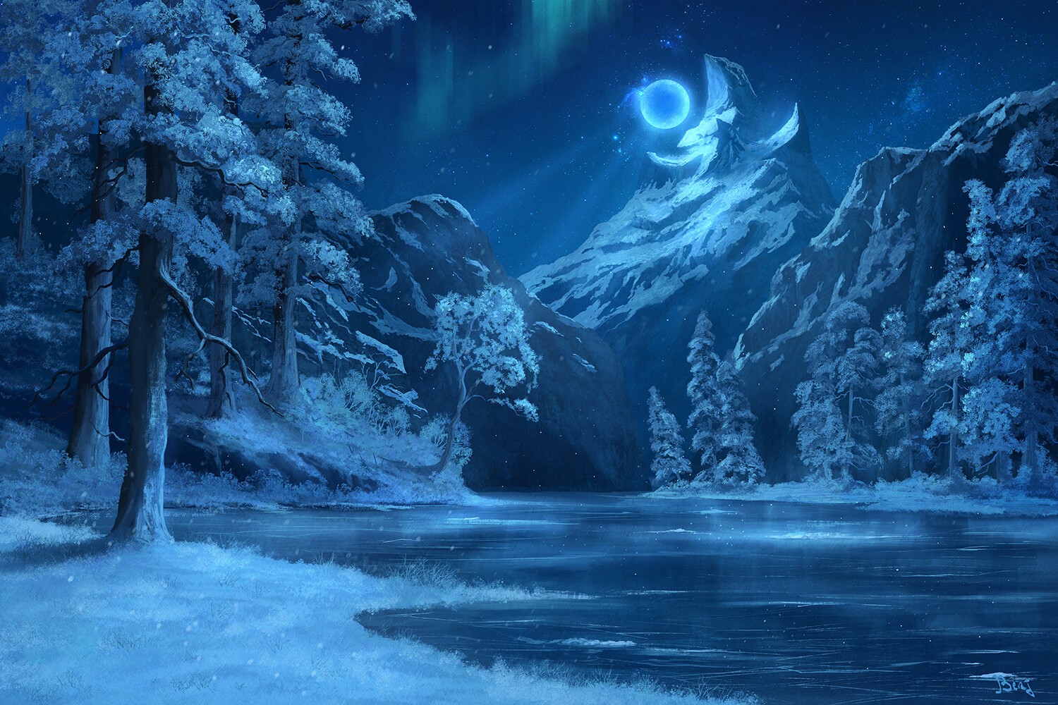 Digital artwork of a snowy mountain landscape at night with a moon HD Wallpaper
