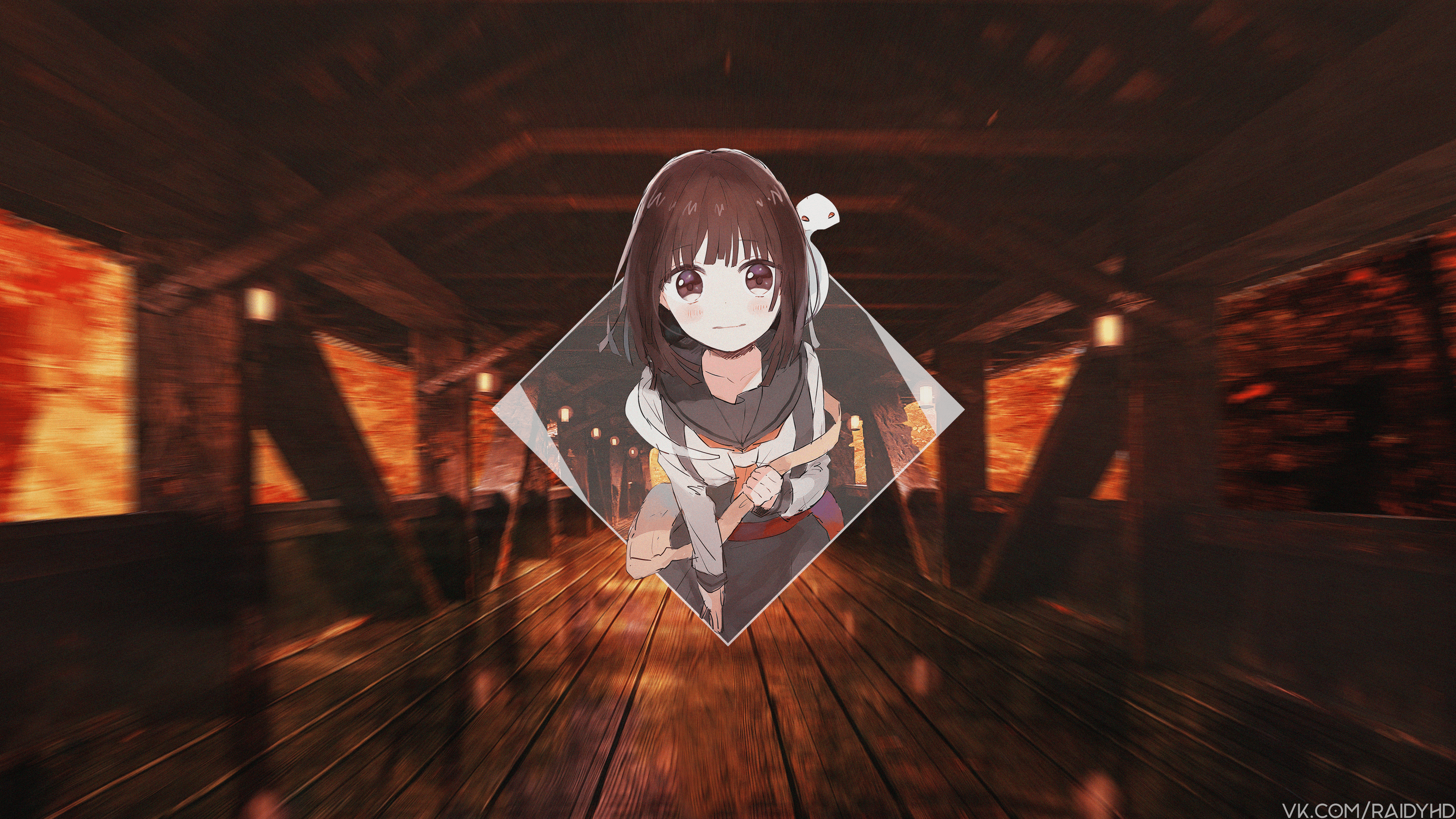 Anime girl with snake on shoulder on wooden bridge HD Wallpaper