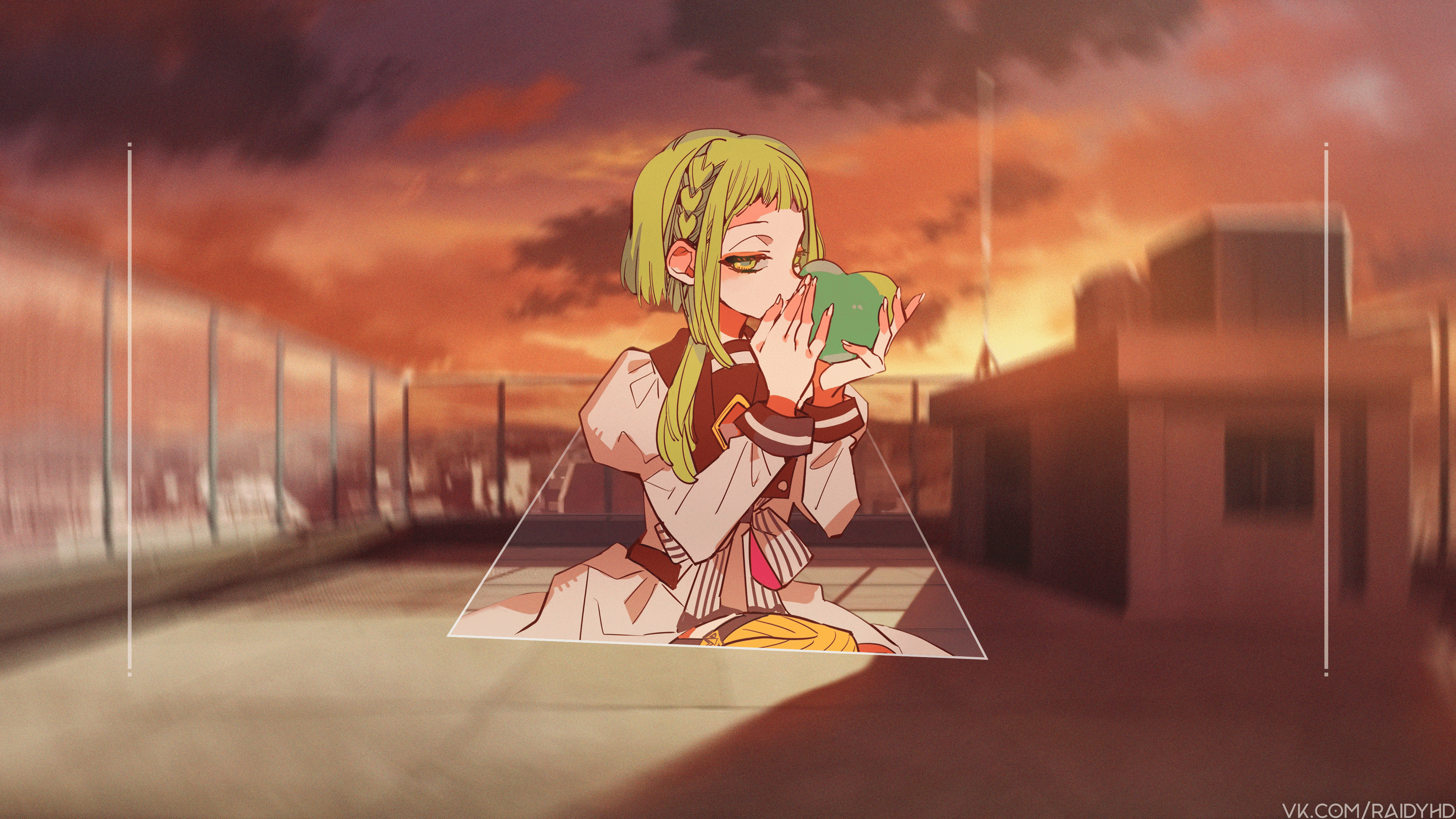 4K anime girl with green hair holding an apple HD Wallpaper