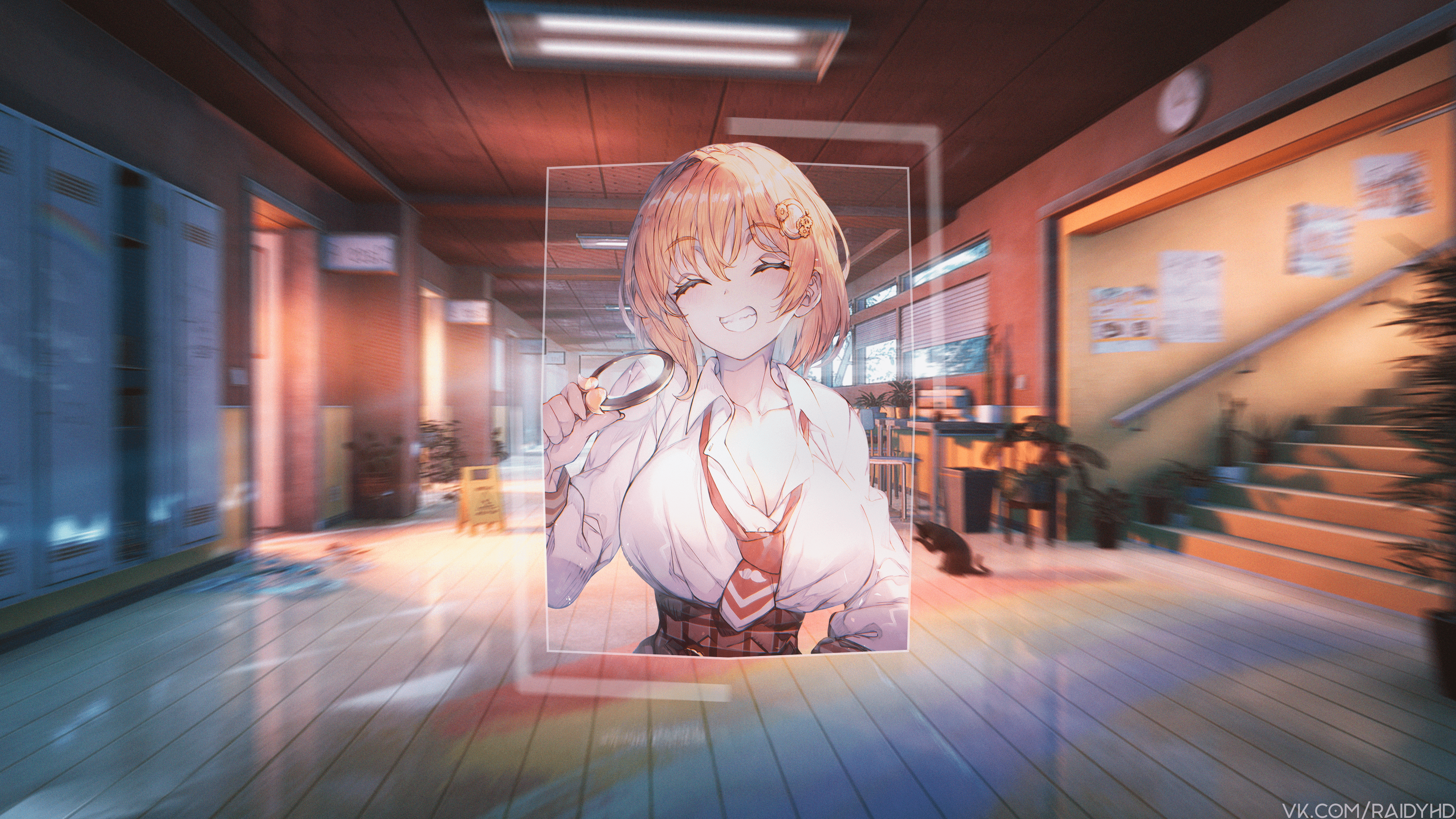 Anime girl with magnifying glass in school hallway HD Wallpaper