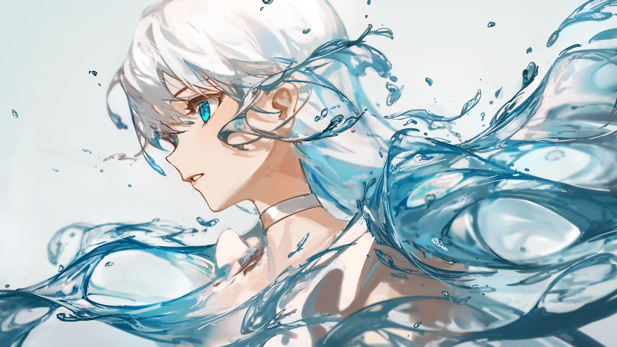 Anime girl with white hair and blue eyes surrounded by water HD Wallpaper