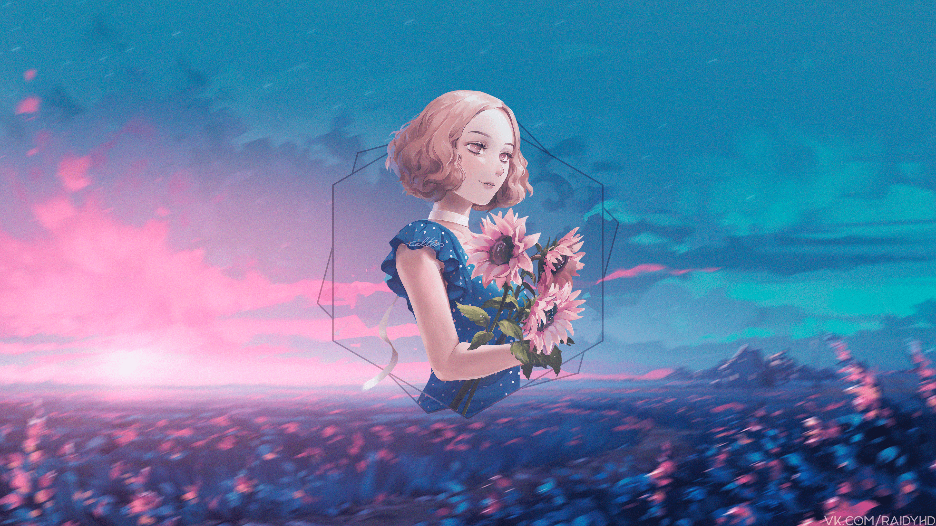 Anime girl with sunflowers in a field HD Wallpaper