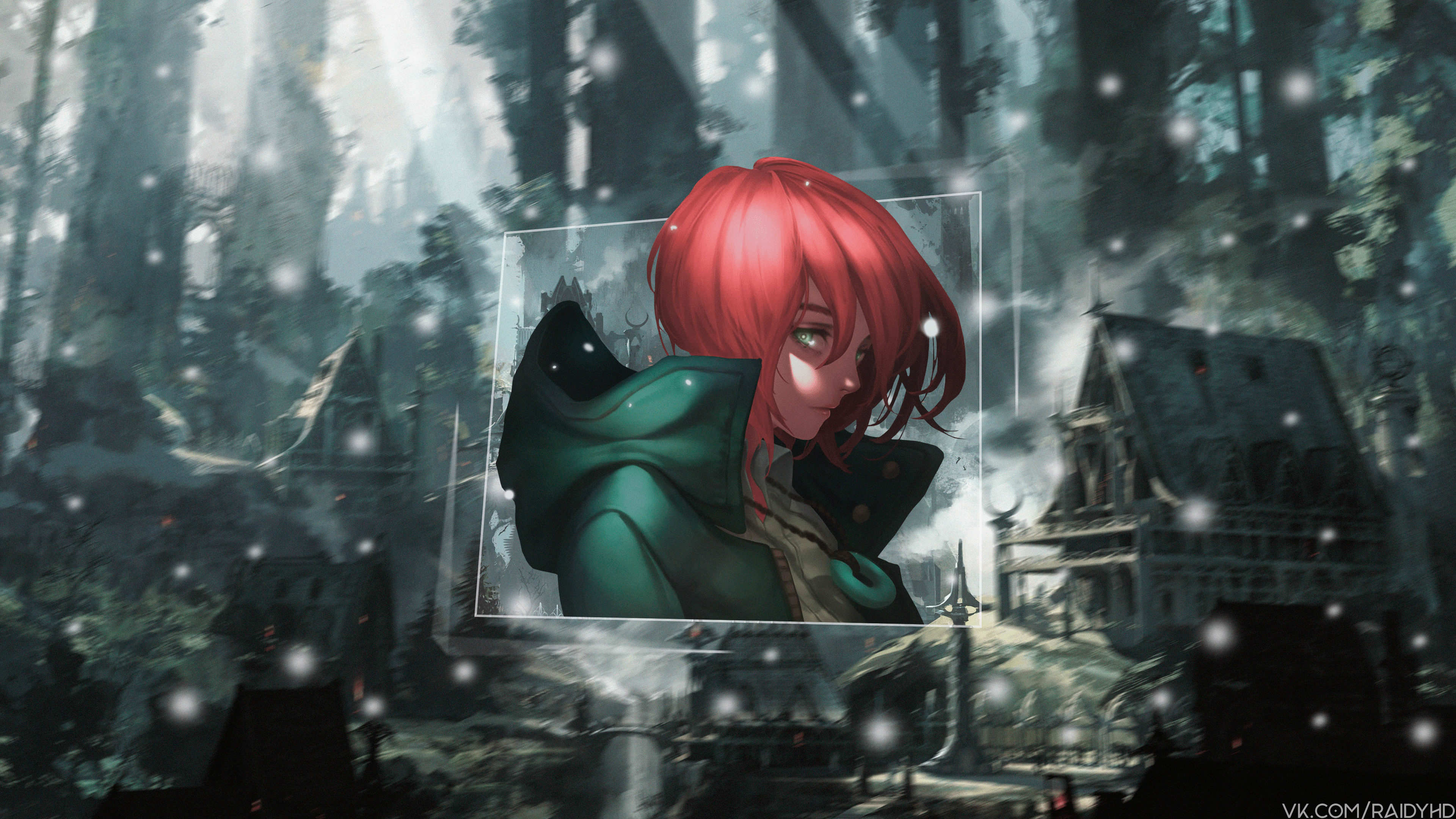 Anime girl with red hair in a fantasy village HD Wallpaper