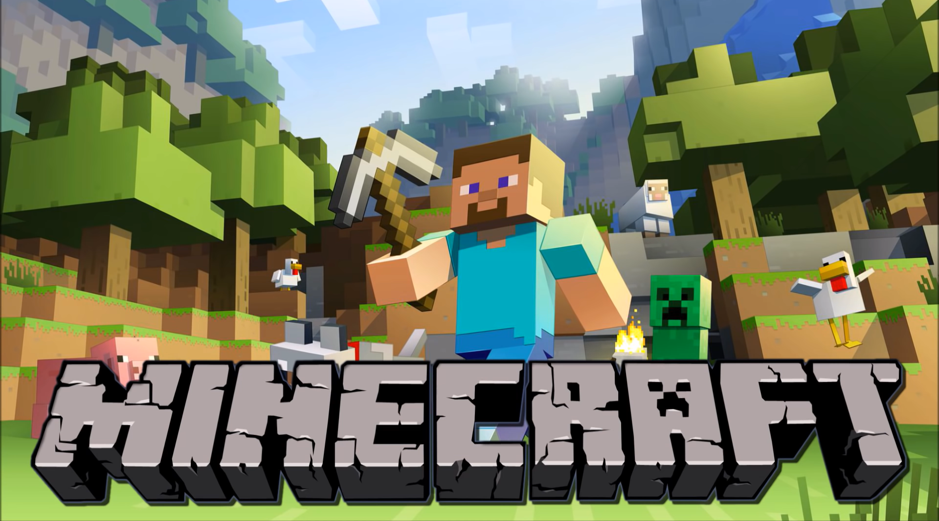 Steve from Minecraft with animals and creeper HD Wallpaper