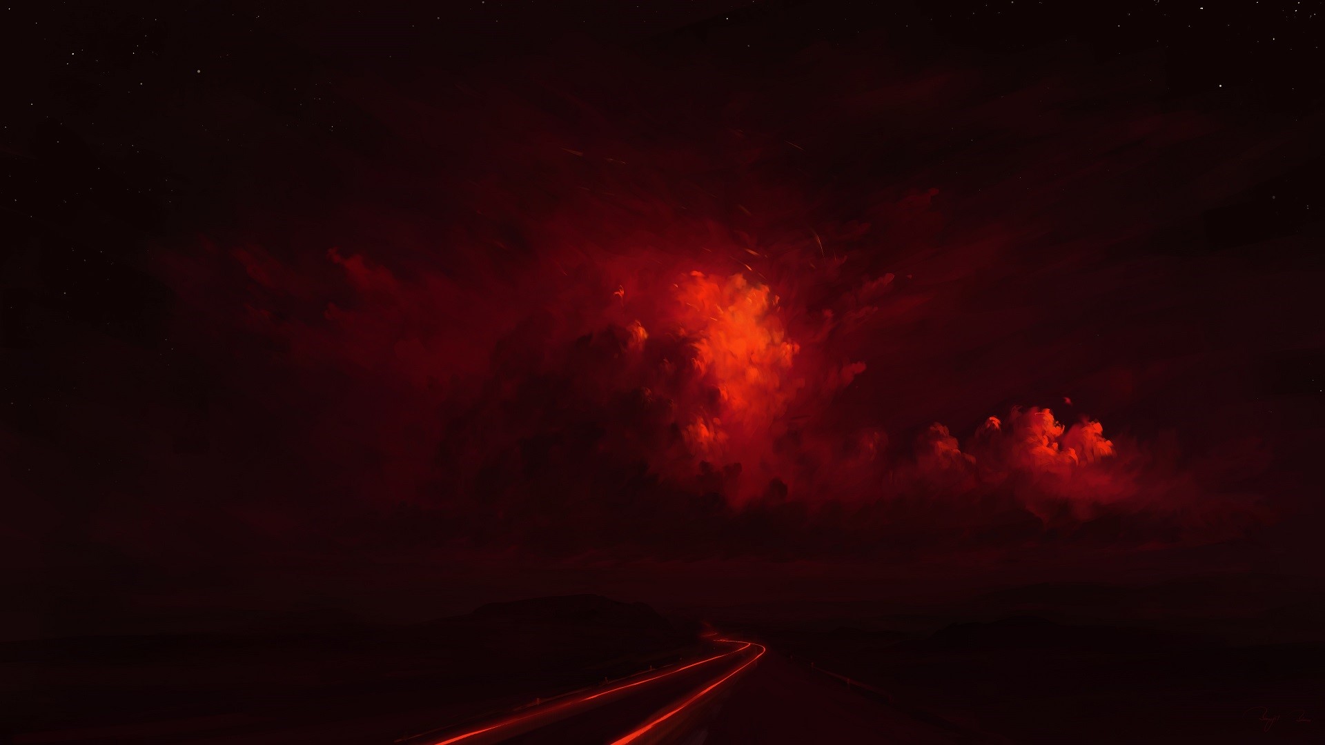 Digital painting of a fiery red sky over a dark landscape HD Wallpaper