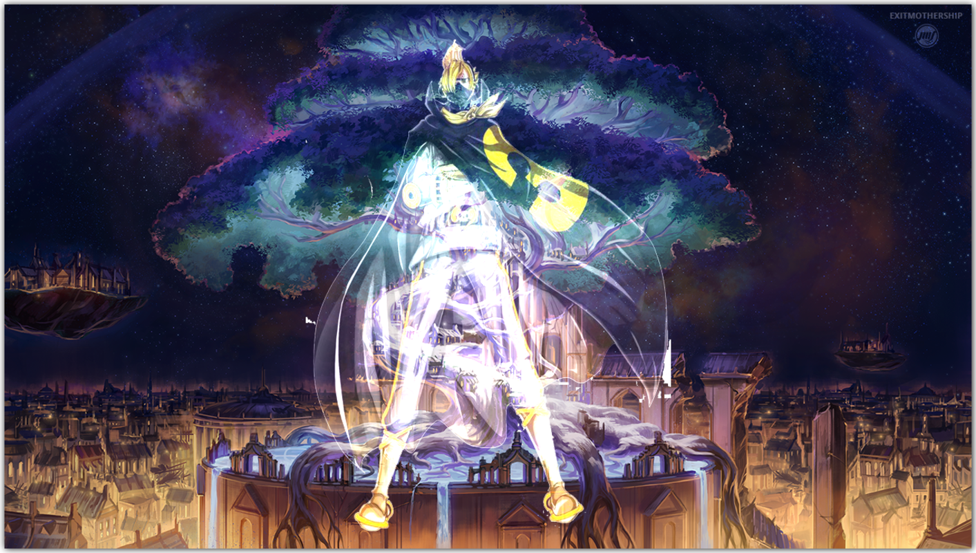 Anime character with a tree and city HD Wallpaper