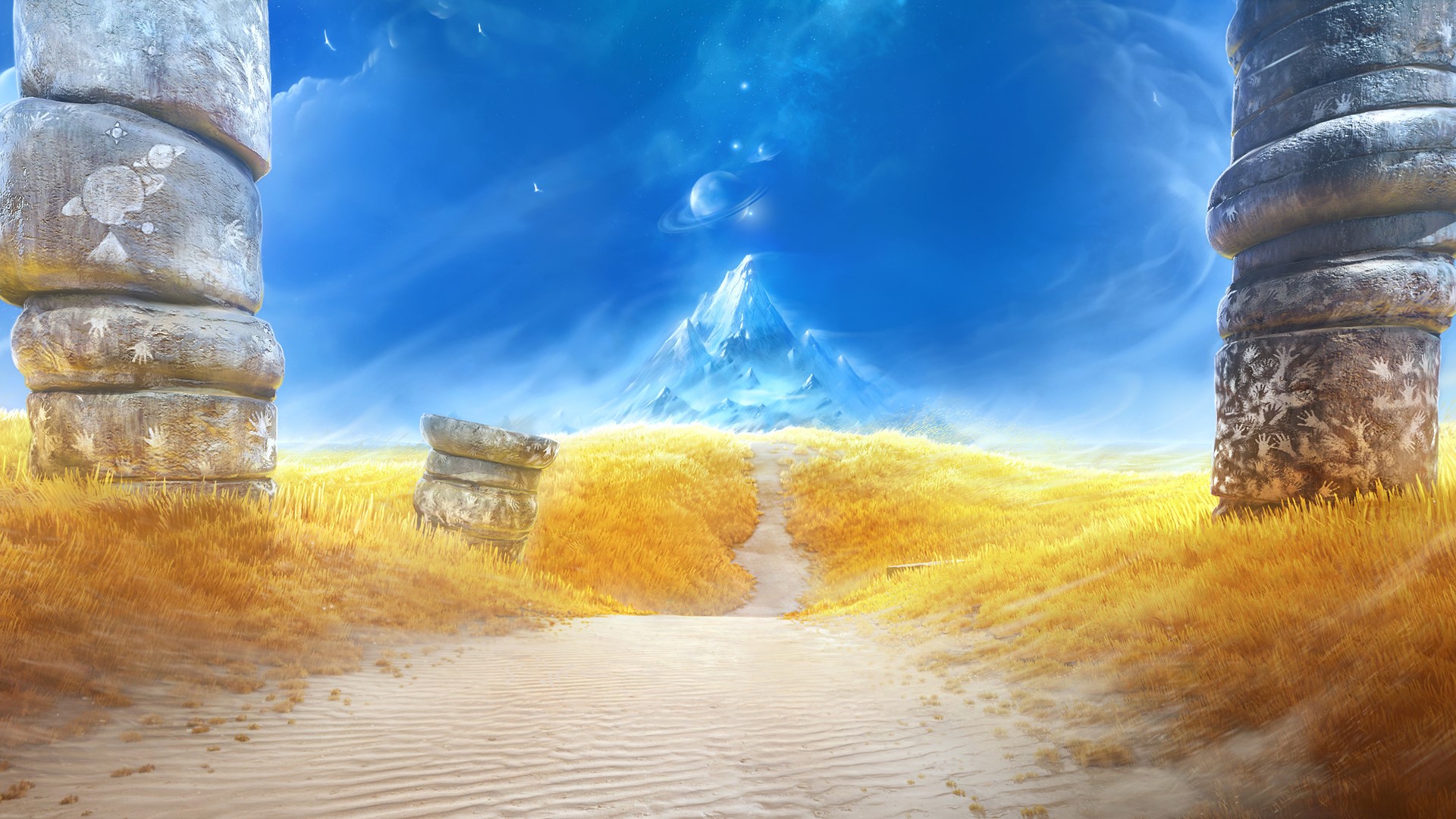 Fantasy landscape with stone pillars and mountains HD Wallpaper