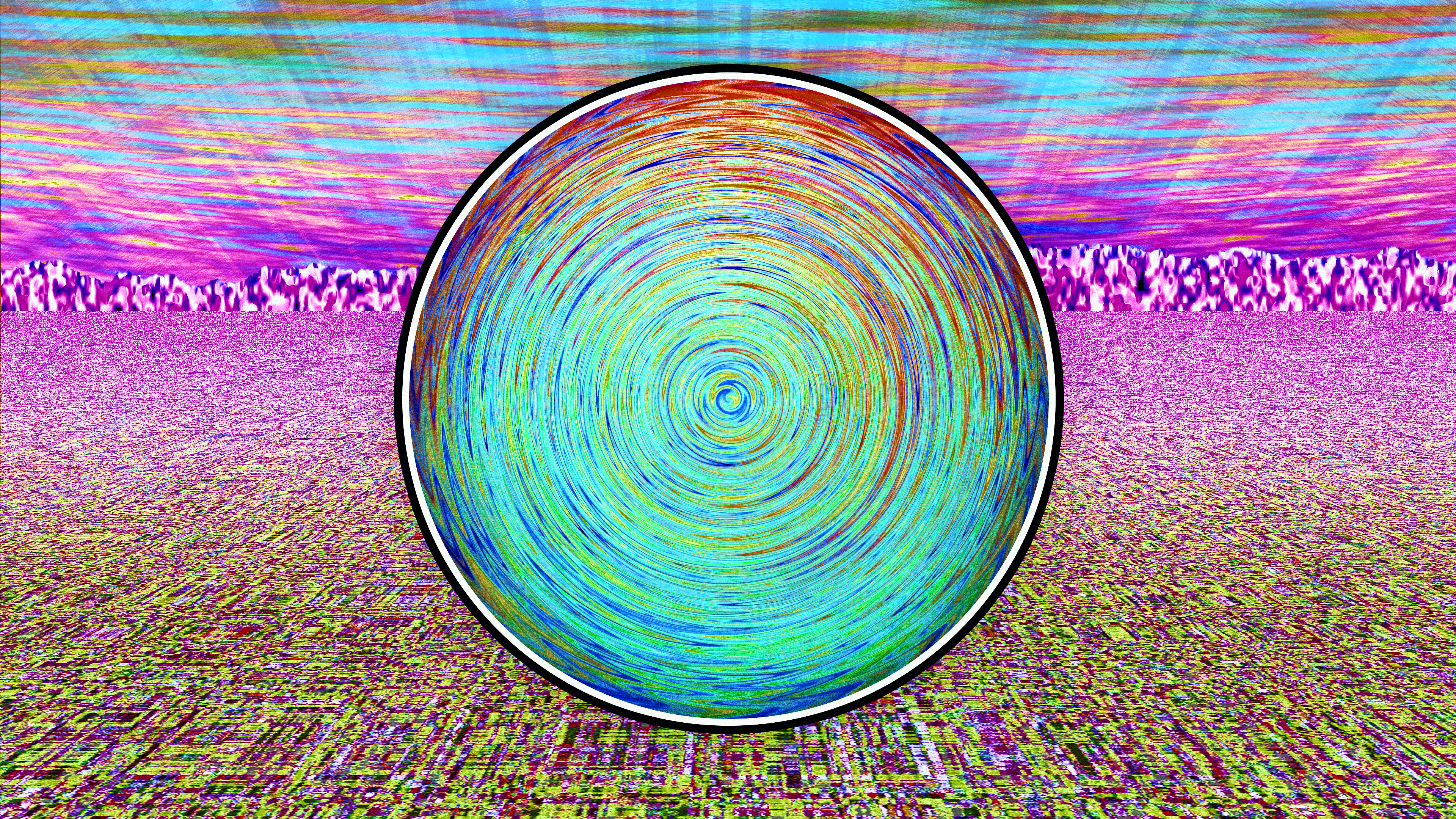 Abstract Glitch Art Circle with Vaporwave Landscape HD Wallpaper