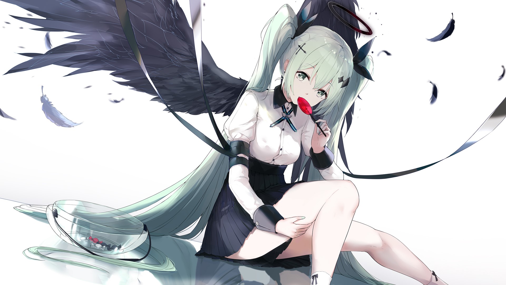 Asahi Kuroi from Vocaloid with black wings and lollipop HD Wallpaper