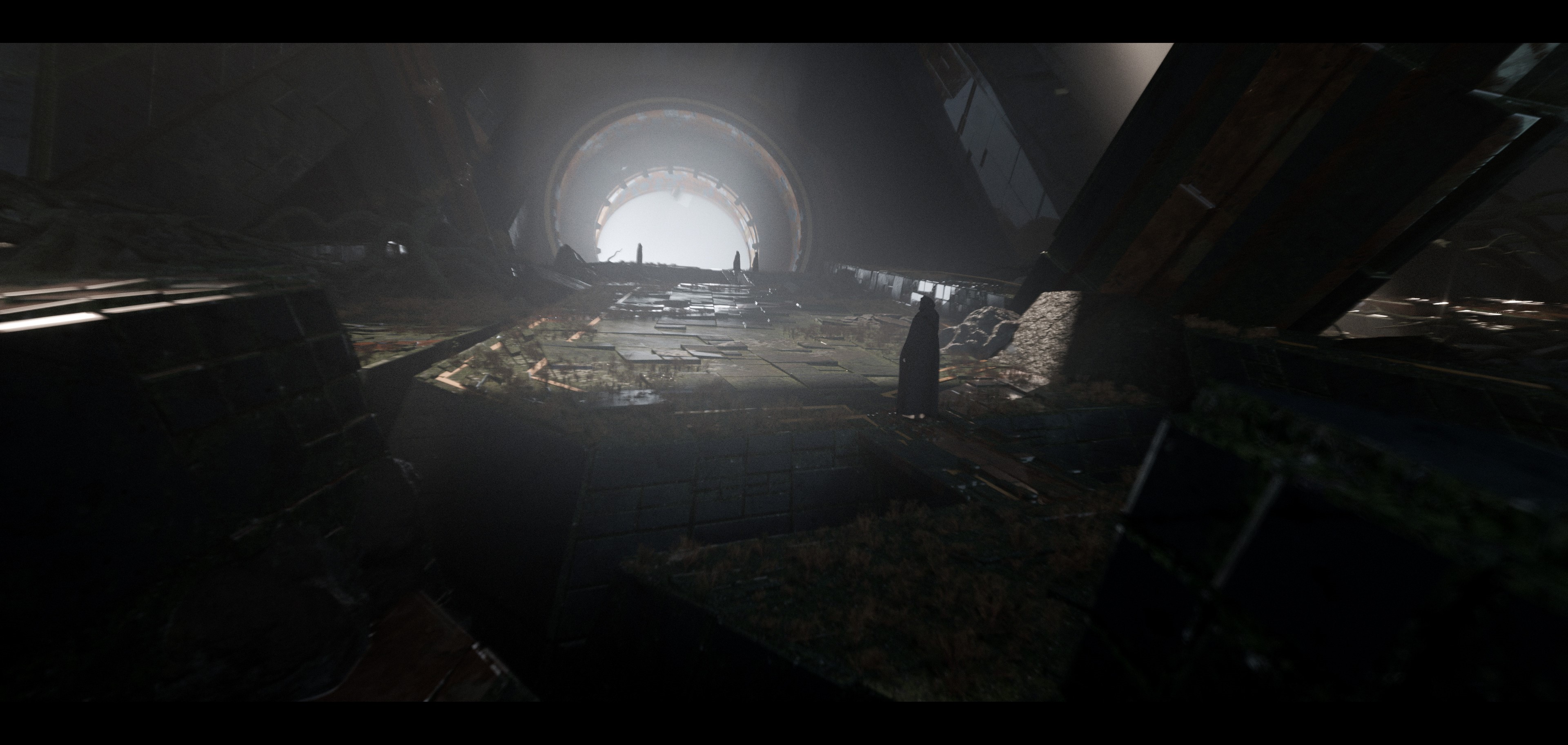 Ruined spaceship interior with glowing portal HD Wallpaper