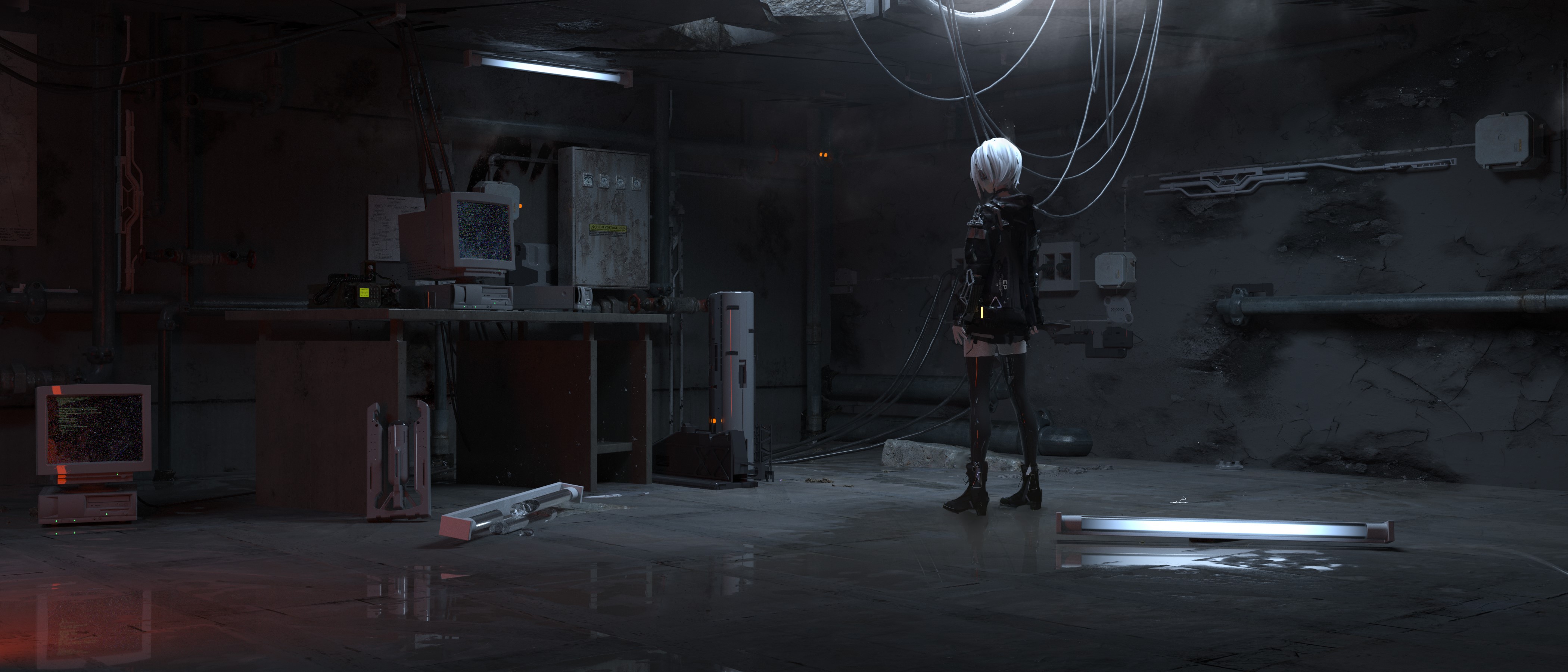 Anime girl with silver hair in a dark room HD Wallpaper