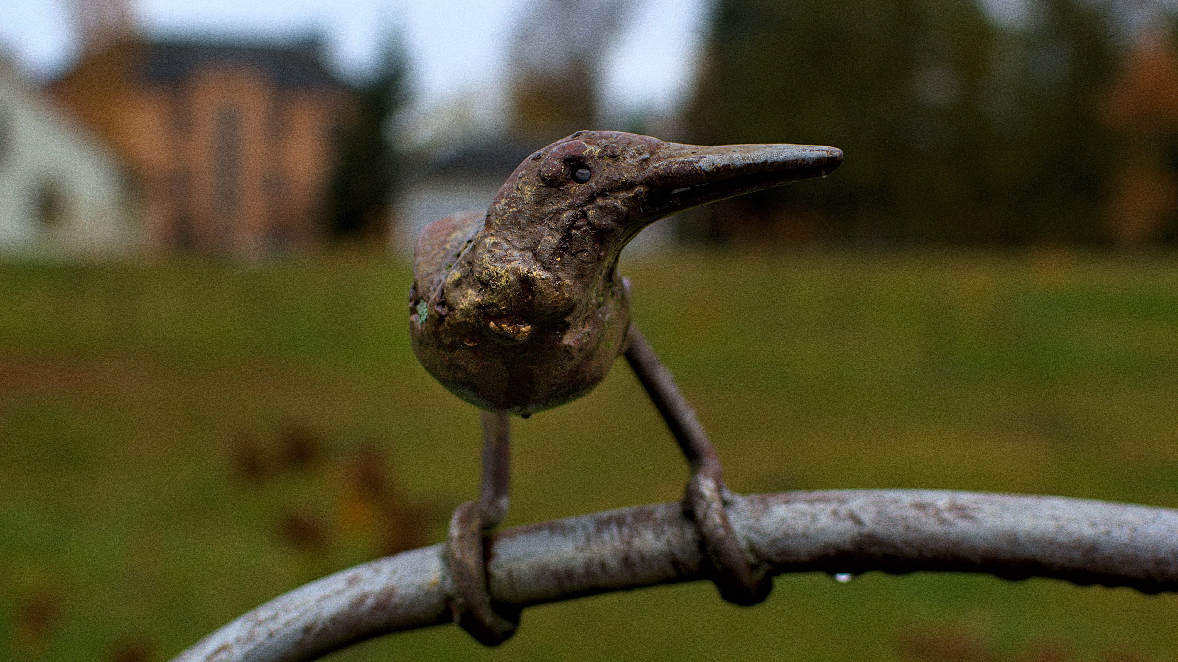 Metal bird sculpture on a perch HD Wallpaper