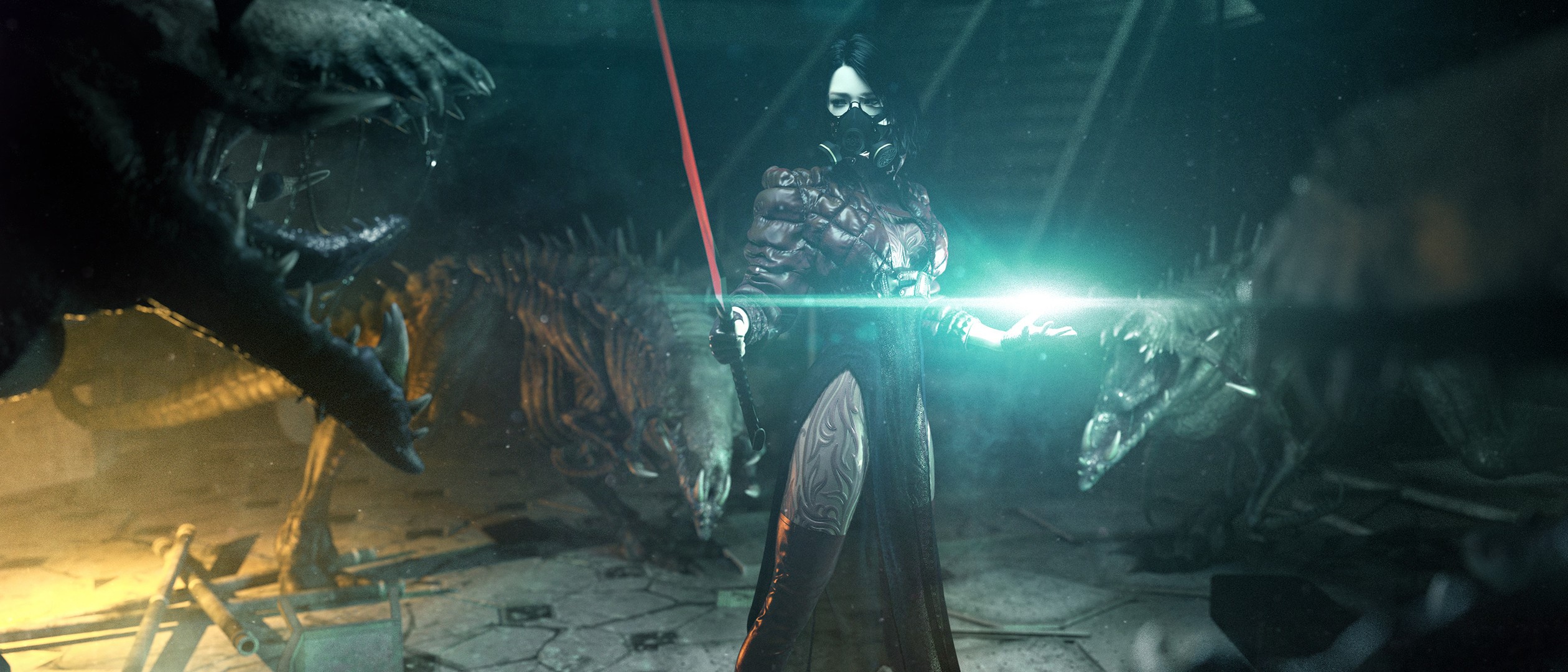 Woman with gas mask and lightsaber fighting creatures HD Wallpaper