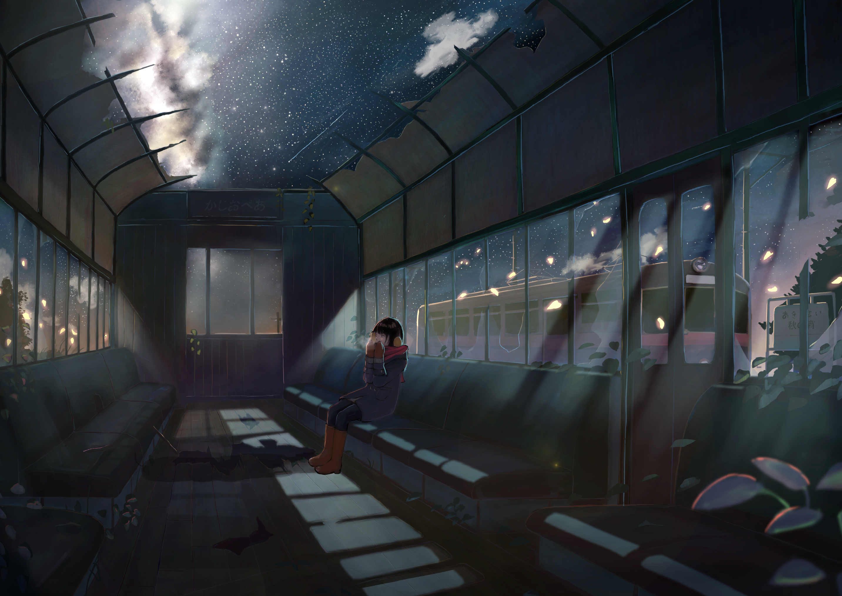 Anime girl sitting in a broken train station at night HD Wallpaper