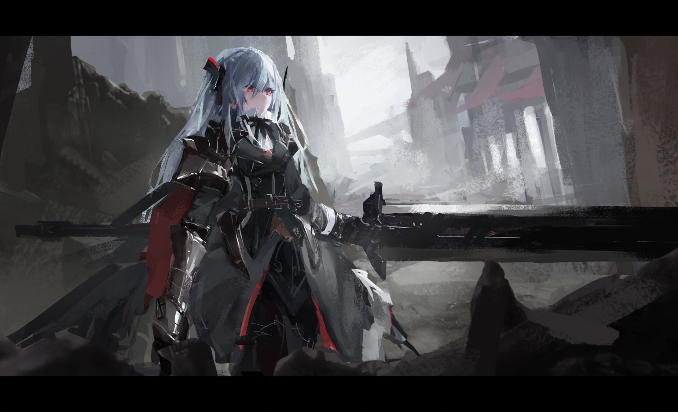 Girl with sword and weapon in ruined city HD Wallpaper