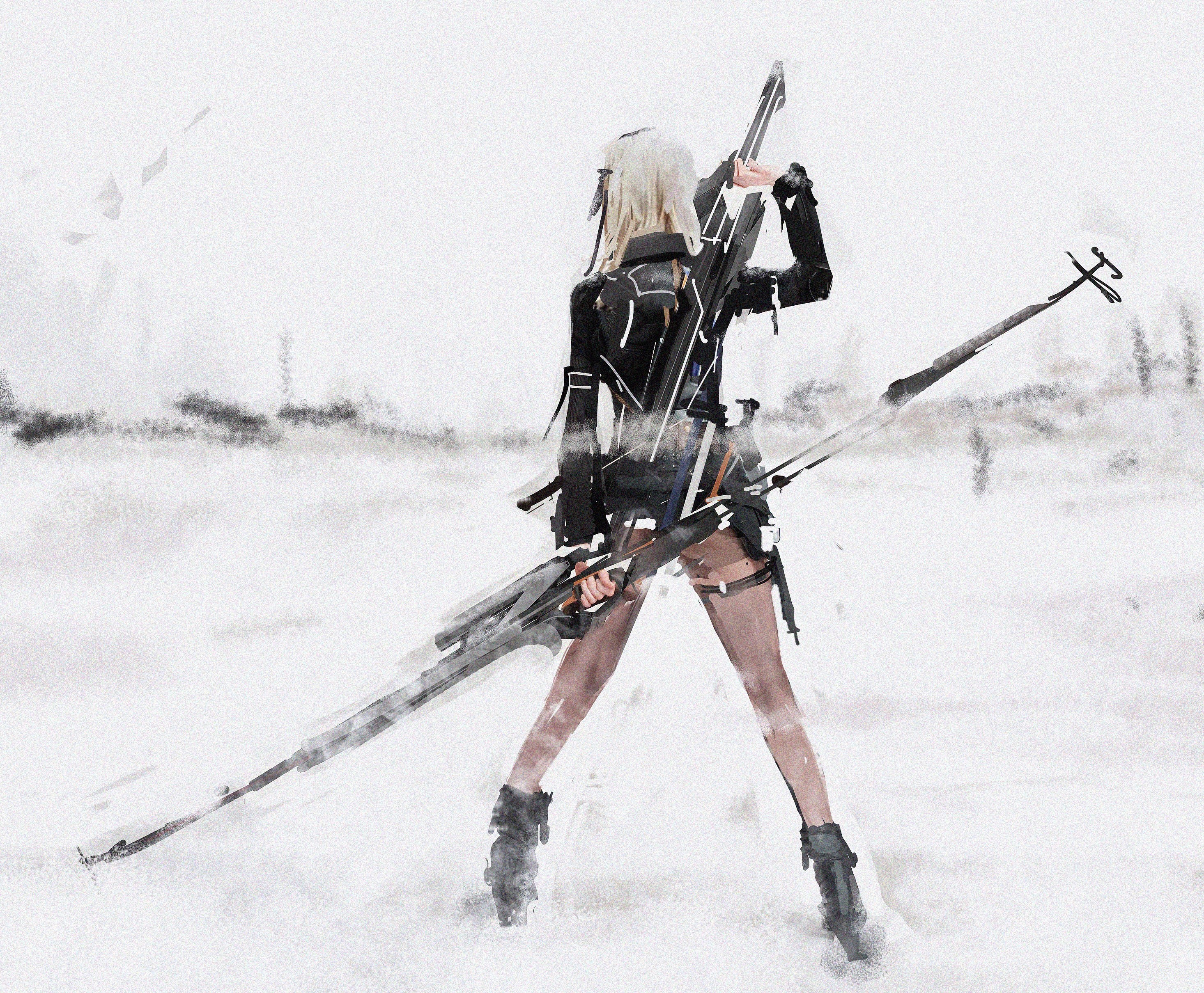 Girl with weapon in a snowy landscape HD Wallpaper