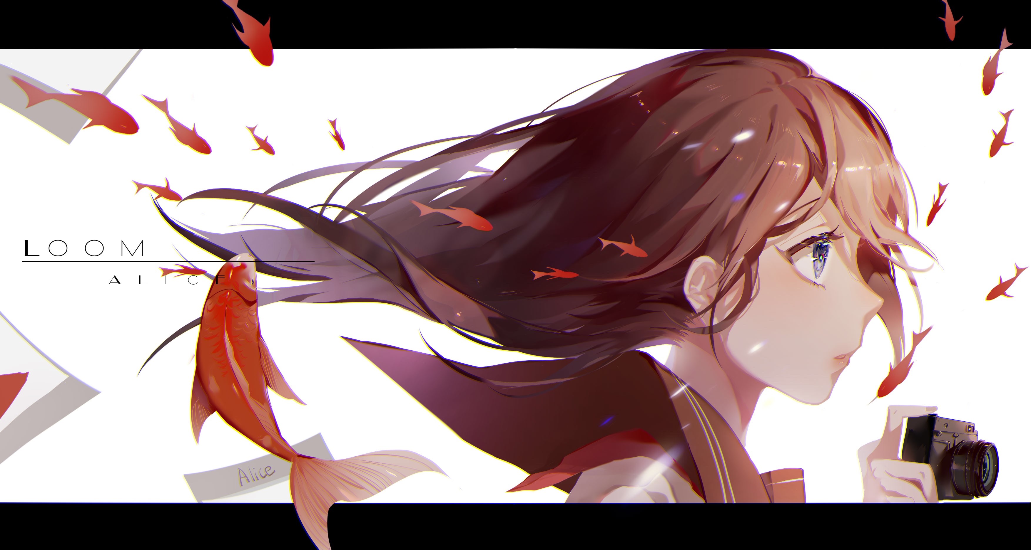 Anime girl with camera and koi fish HD Wallpaper