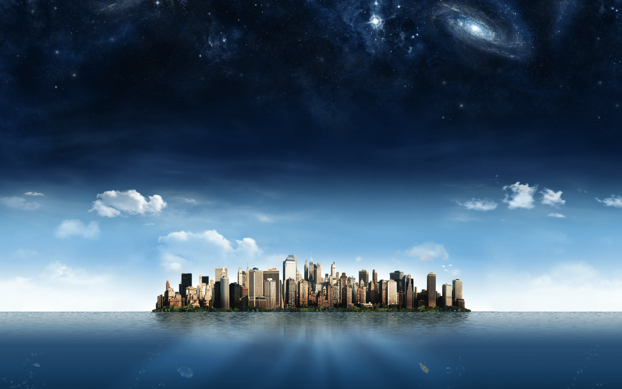 City skyline on the ocean under a starry sky HD Wallpaper