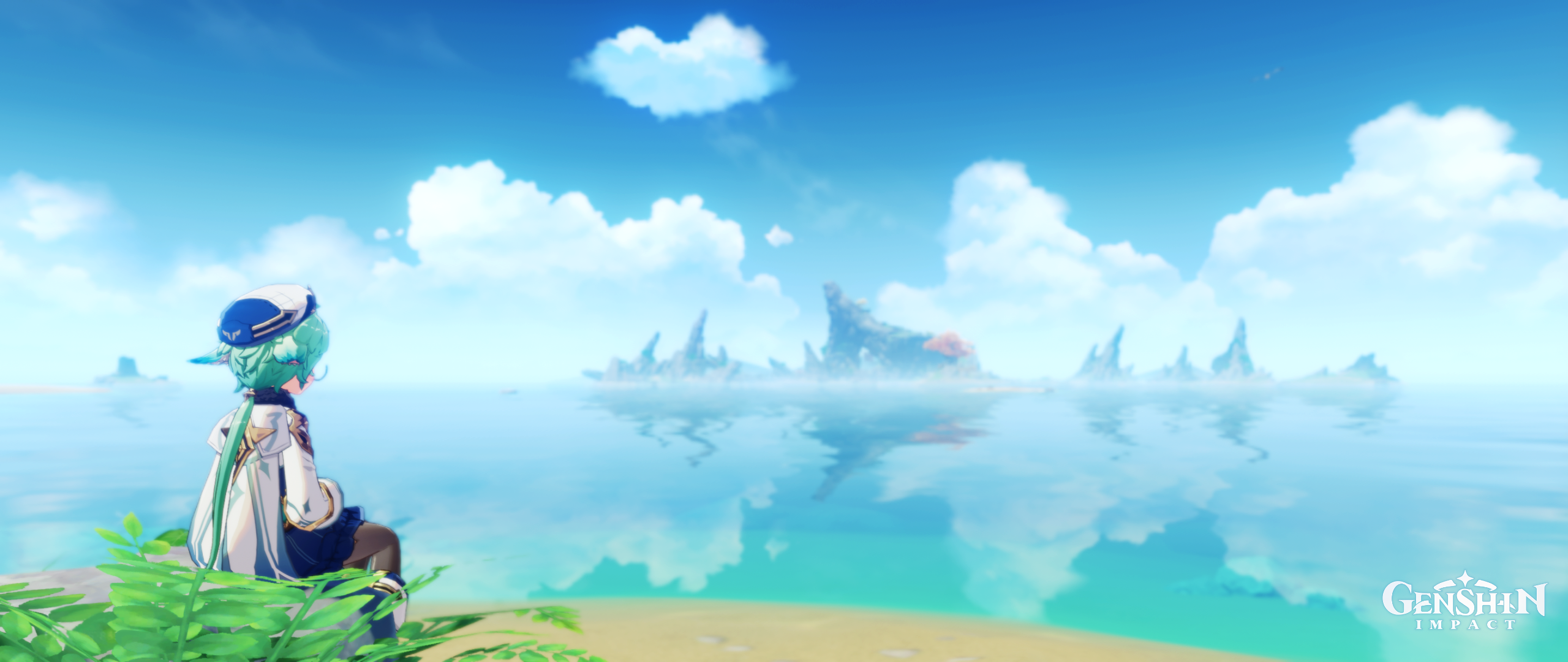 Sucrose from Genshin Impact sitting by the sea HD Wallpaper