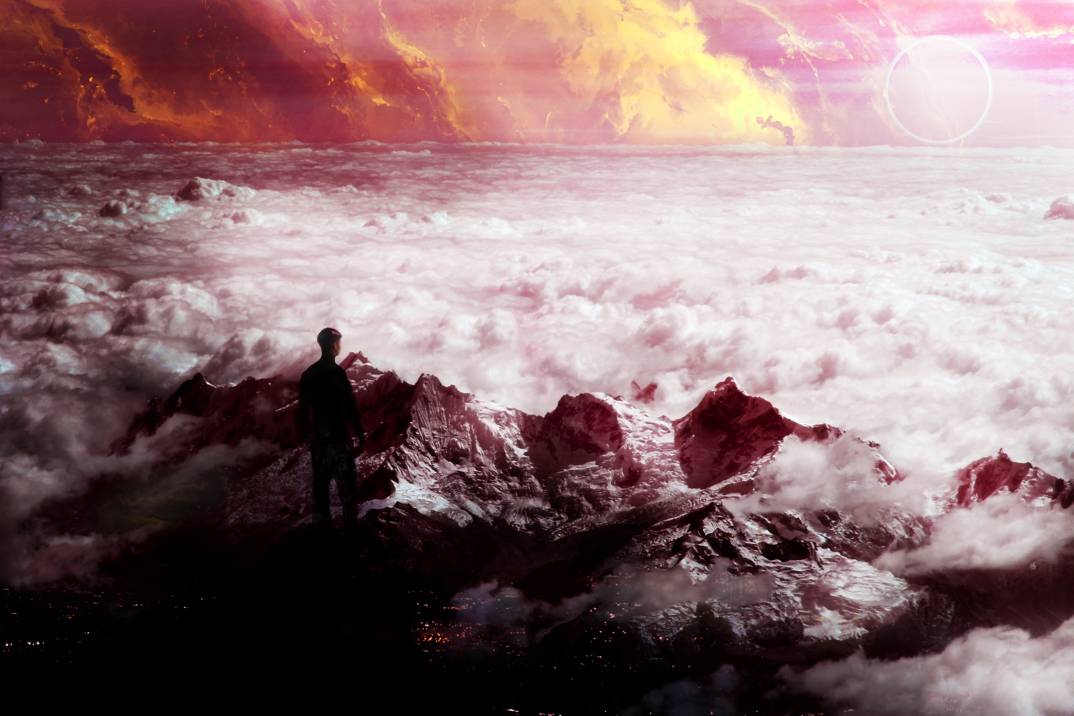 Man on mountain peak overlooking clouds and galaxy HD Wallpaper